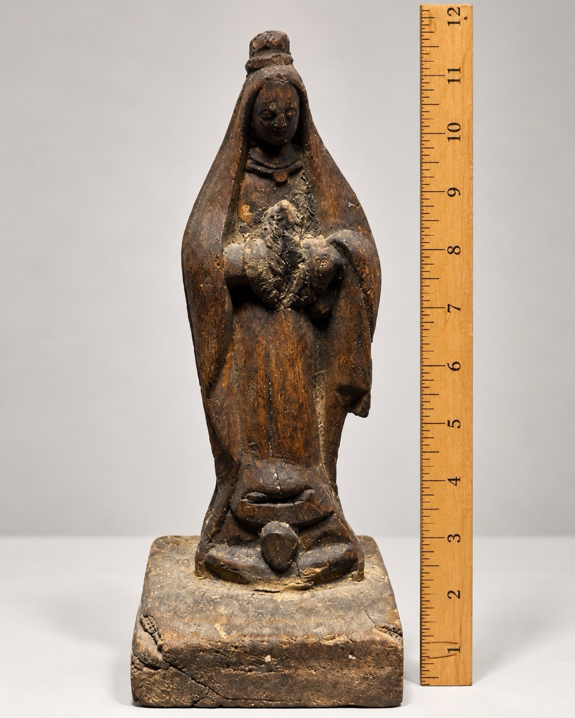Antique Hand Carved Wood Virgin Mary Santo Santos Religious Folk Art Statue