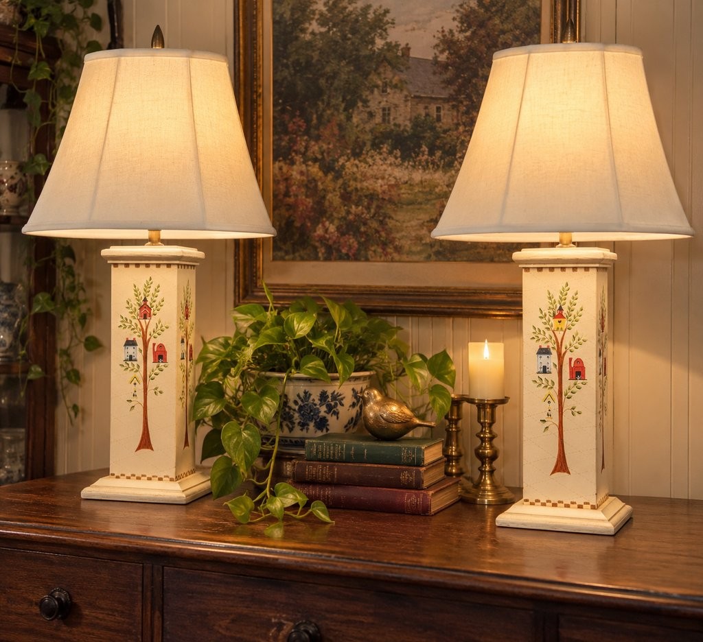 Vintage 1996 Jean Oates The Plantation Table Lamps Pair Hand Painted Birdhouse Vintage 1996 Jean Oates The Plantation Table Lamps Pair Hand Painted Birdhouse