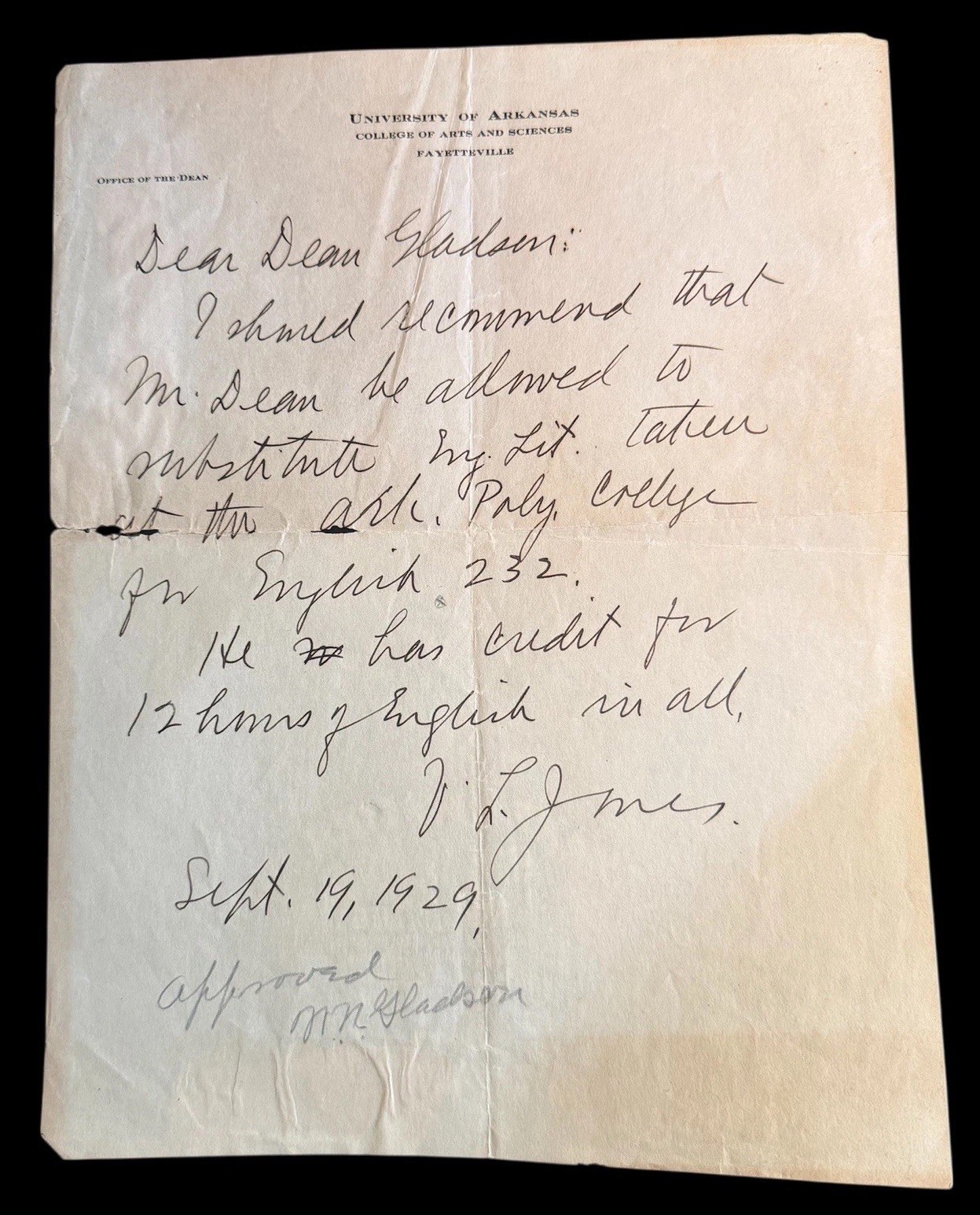 1929 University Of Arkansas College Of Arts And Sciences Letter Office Of Dean 1929 University Of Arkansas College Of Arts And Sciences Letter Office Of Dean
