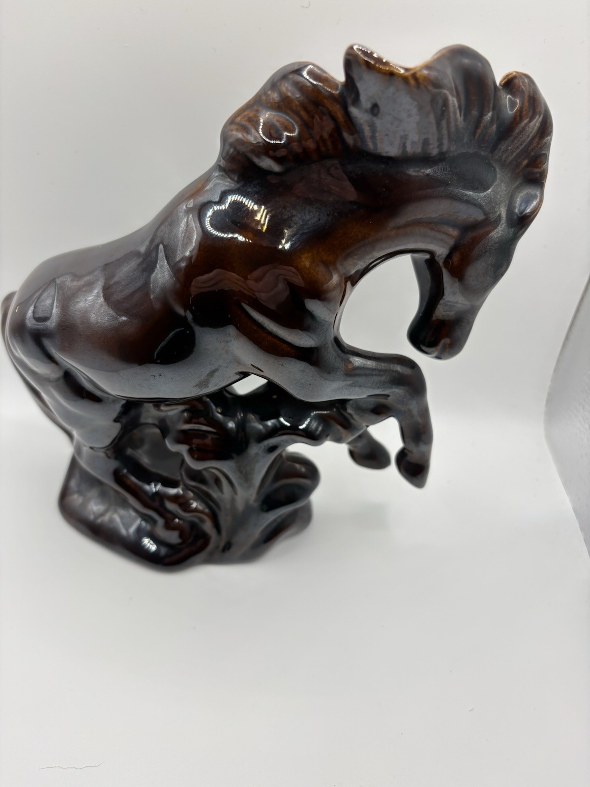 Vintage Large Rare Ceramic Horse Sculpture Iridescent Black And Gold MCM