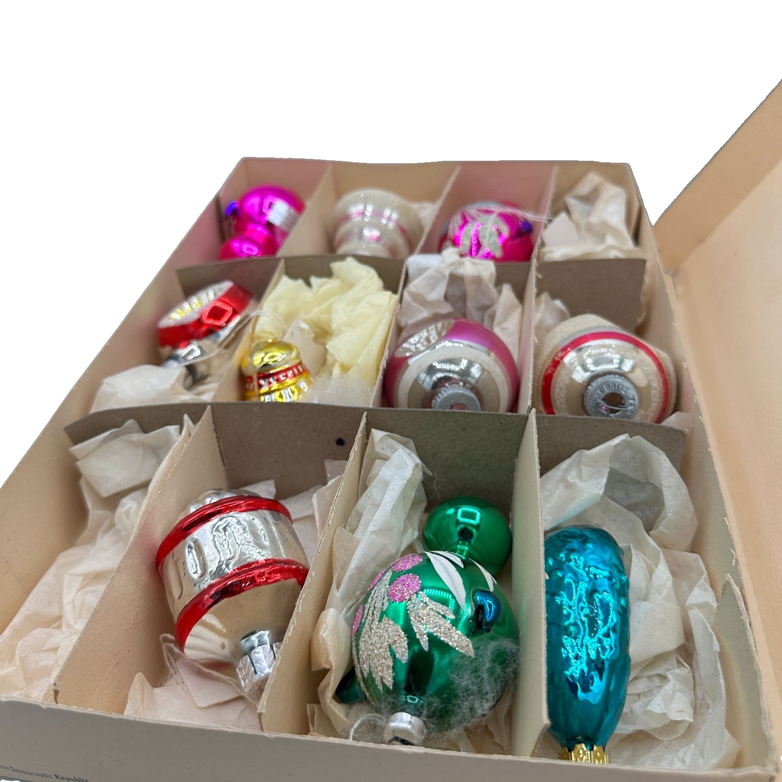 11 Vintage East German Mercury Glass Christmas Ornaments Reflectors Finials Box