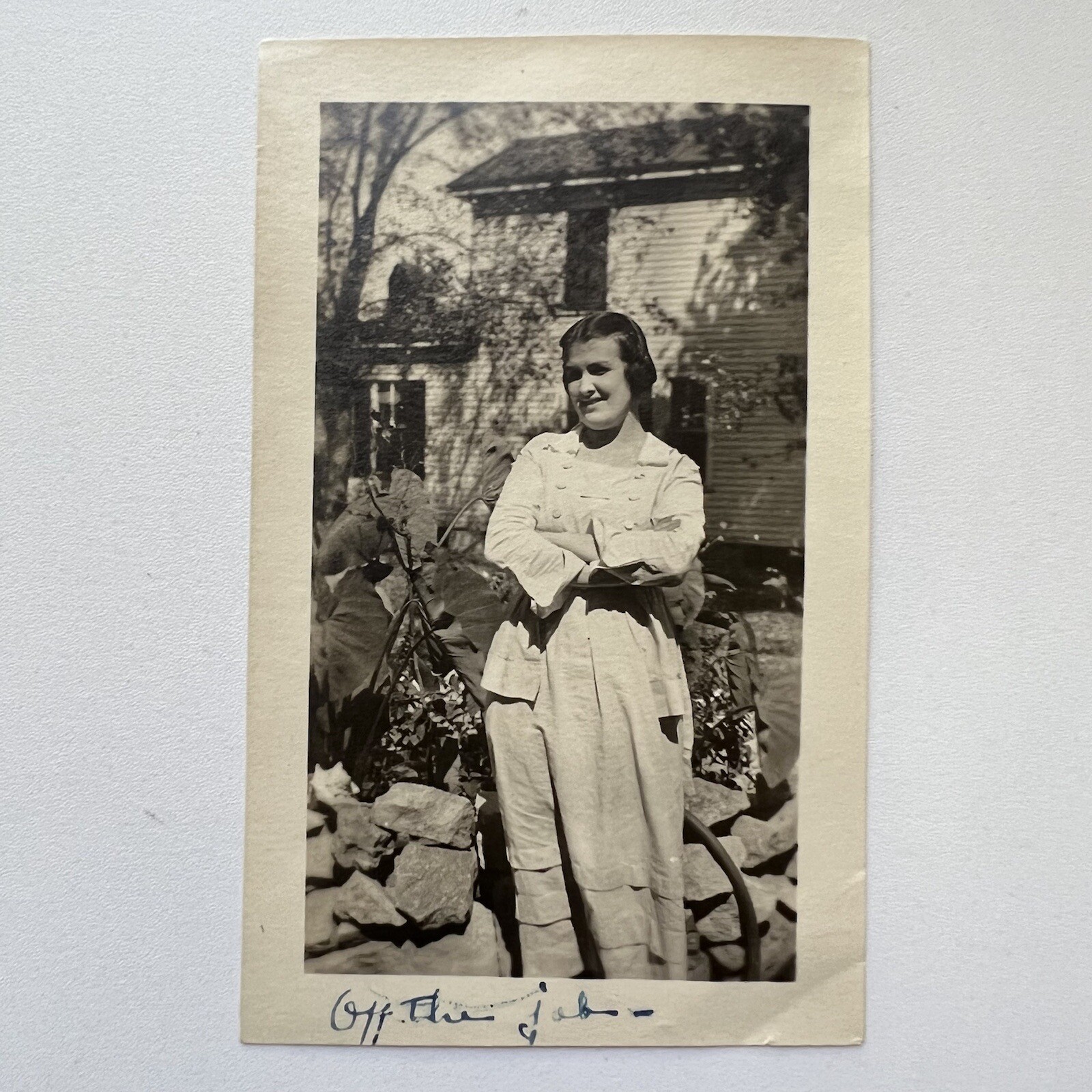 Antique B&W Snapshot Photograph Beautiful Young Women “Off The Job” Inscription Antique B&W Snapshot Photograph Beautiful Young Women “Off The Job” Inscription