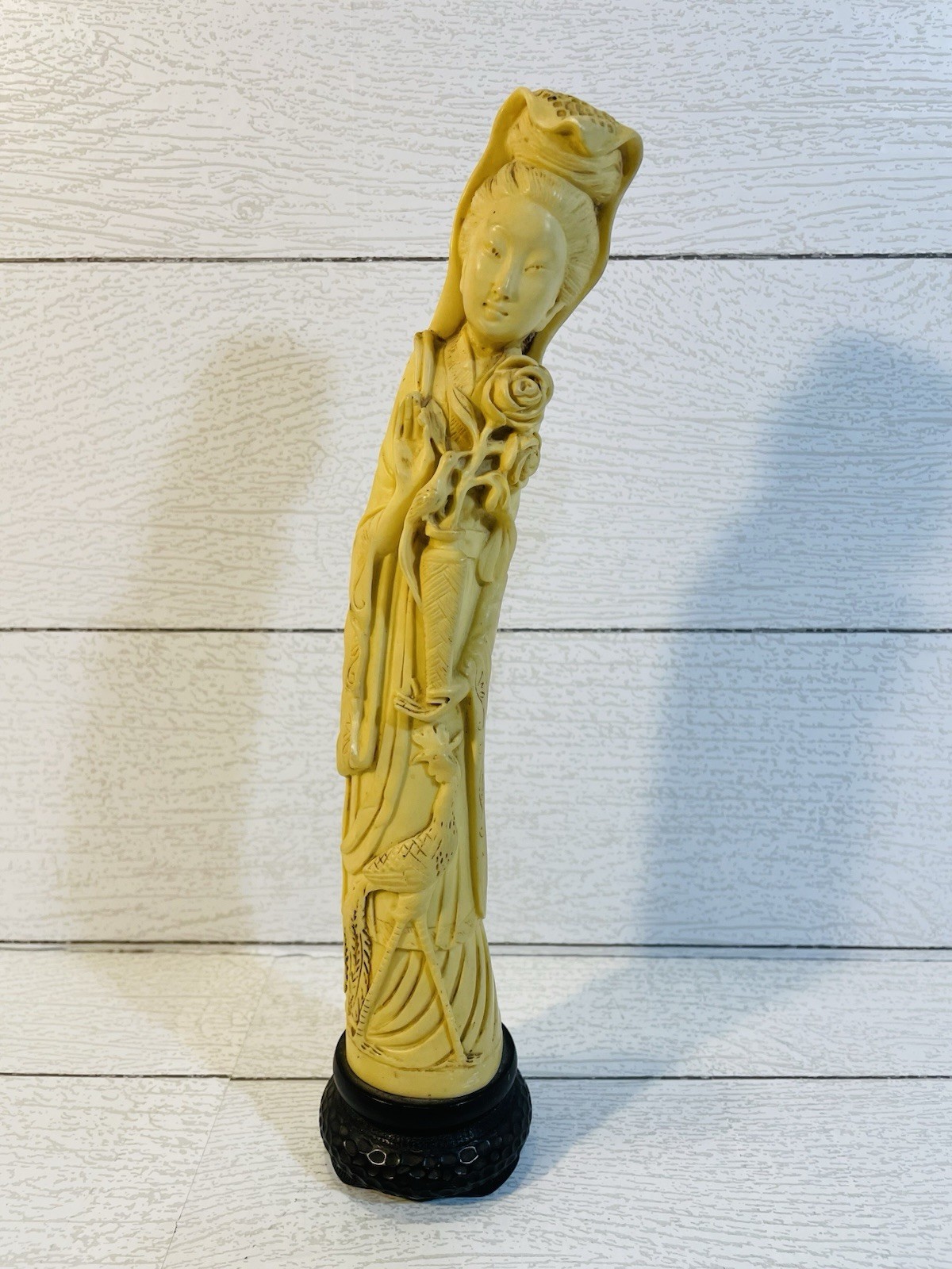 Vintage Italian Carved Resin Faux Ivory Chinese Guanyin 11” Tall Rose Peacock