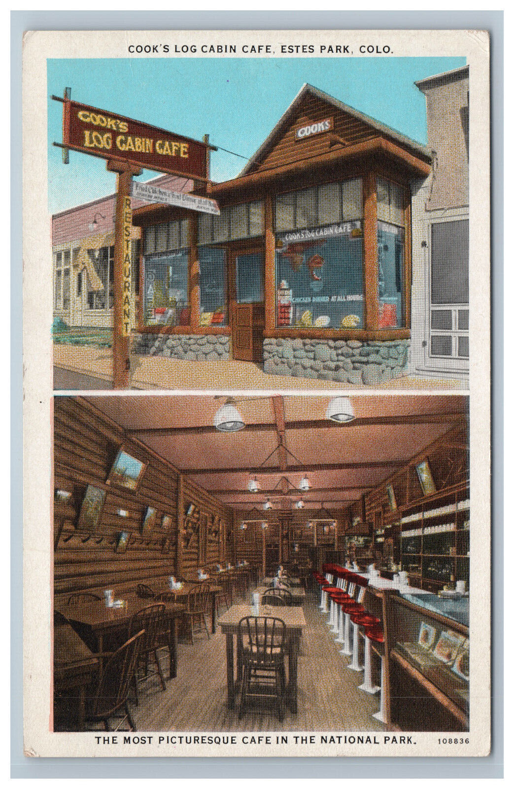 Cook\'s Log Cabin Cafe Multi View Estes Park CO Postcard Interior Colorado