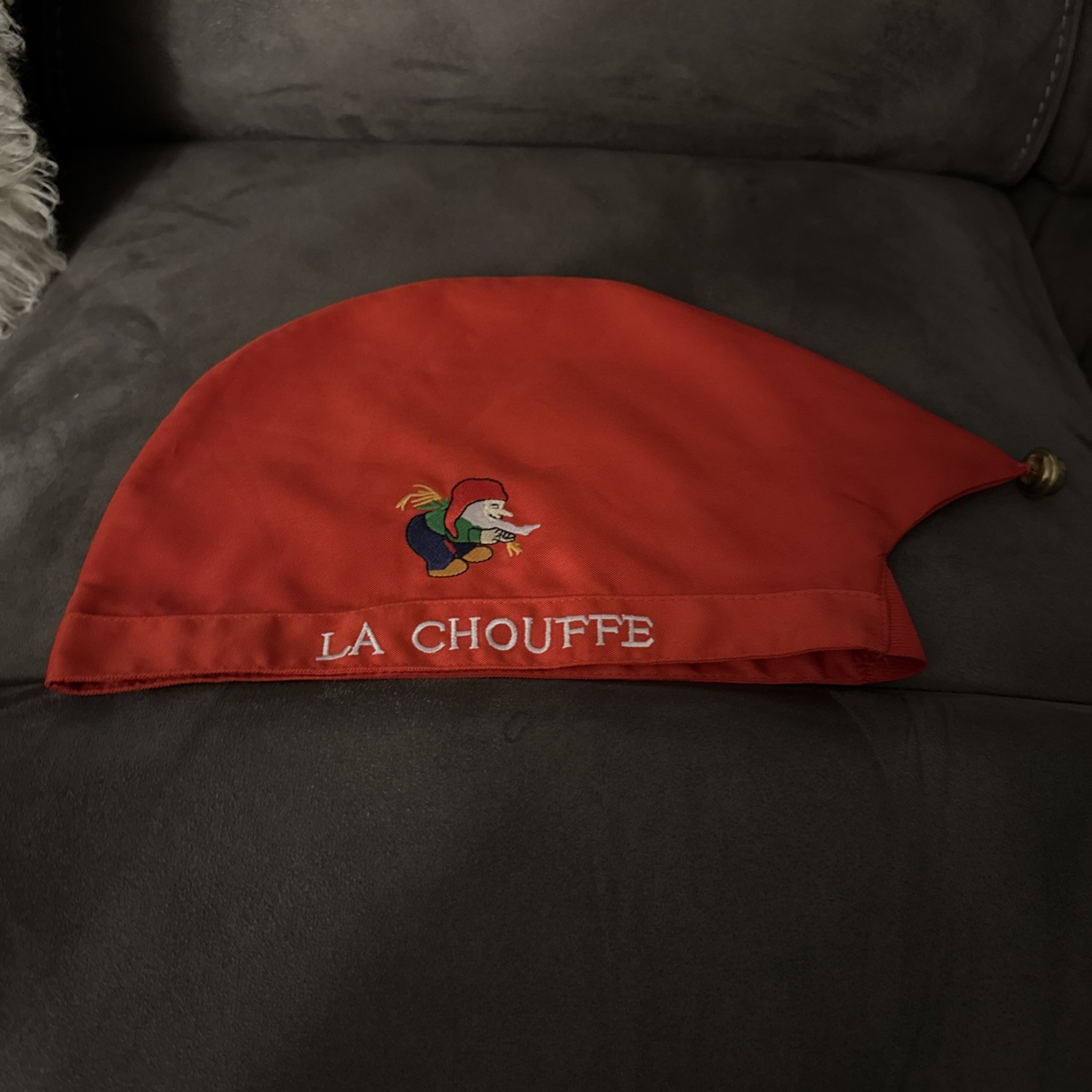 La Chouffe Belgian Ale Embroidered Red Cotton Canvas Hat Cap with Jingle Bell La Chouffe Belgian Ale Embroidered Red Cotton Canvas Hat Cap with Jingle Bell