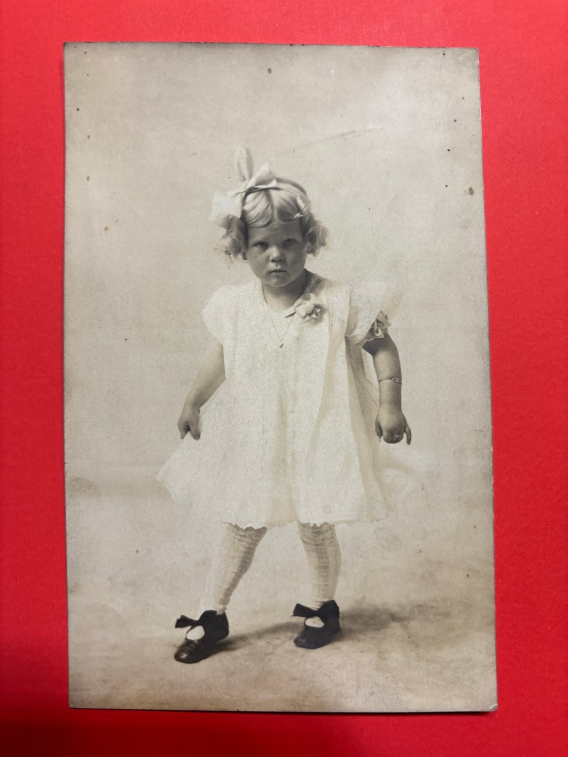 Vintage RPPC Postcard Adorable Toddler Girl White Dress Bow Azo Unposted 1920s