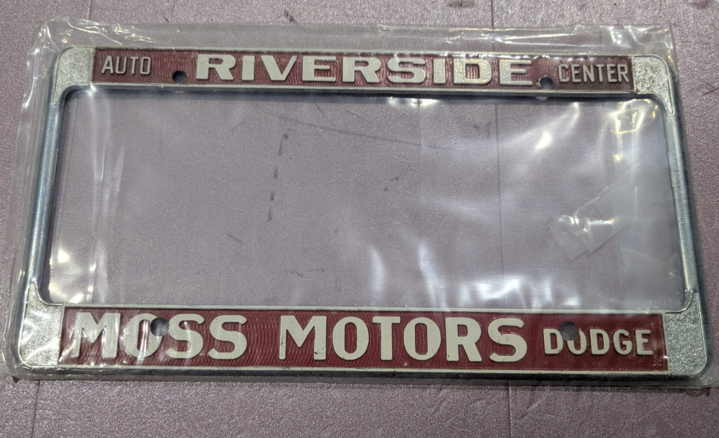Vintage Metal Riverside Moss Motors Dodge Auto Center Dealer License Plate Frame Vintage Metal Riverside Moss Motors Dodge Auto Center Dealer License Plate Frame