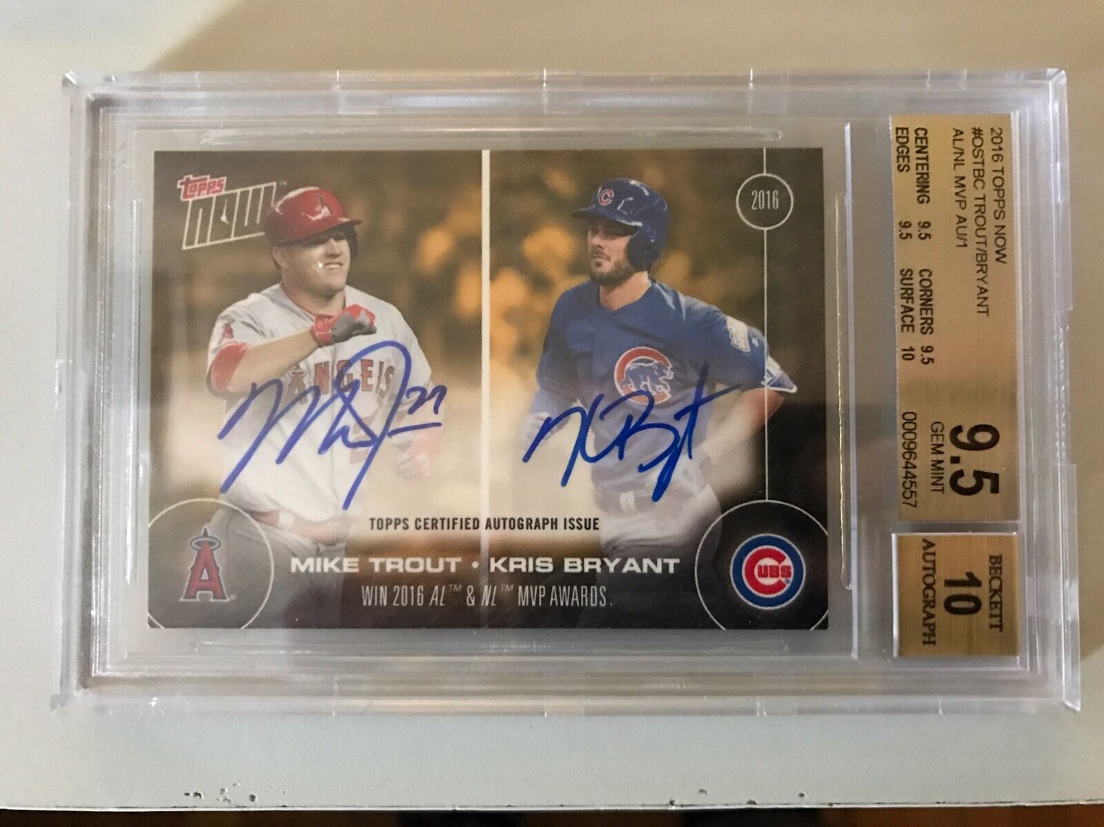 ON-CARD DUAL-AUTO 1/1 MIKE TROUT/KRIS BRYANT WIN 2016 MVP AWARDS BGS 9.5/10