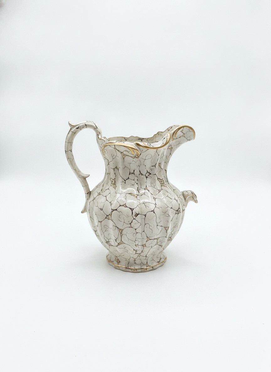 Vintage Italian Majolica Lazuli Ceramic Pitcher with Crackle Glaze Gold Accents Vintage Italian Majolica Lazuli Ceramic Pitcher with Crackle Glaze Gold Accents