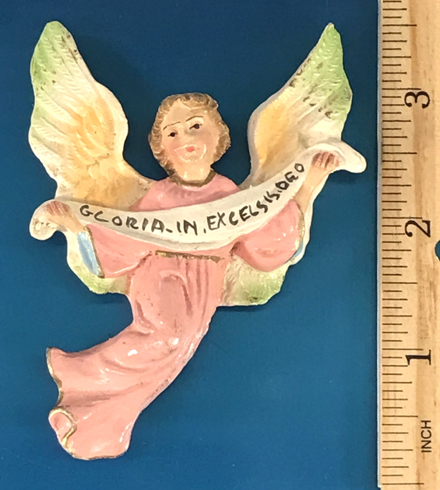 VINTAGE ITALY CHALKWARE PLASTER FLYING HERALD ANGEL NATIVITY ORNAMENT GLORIA 3.5