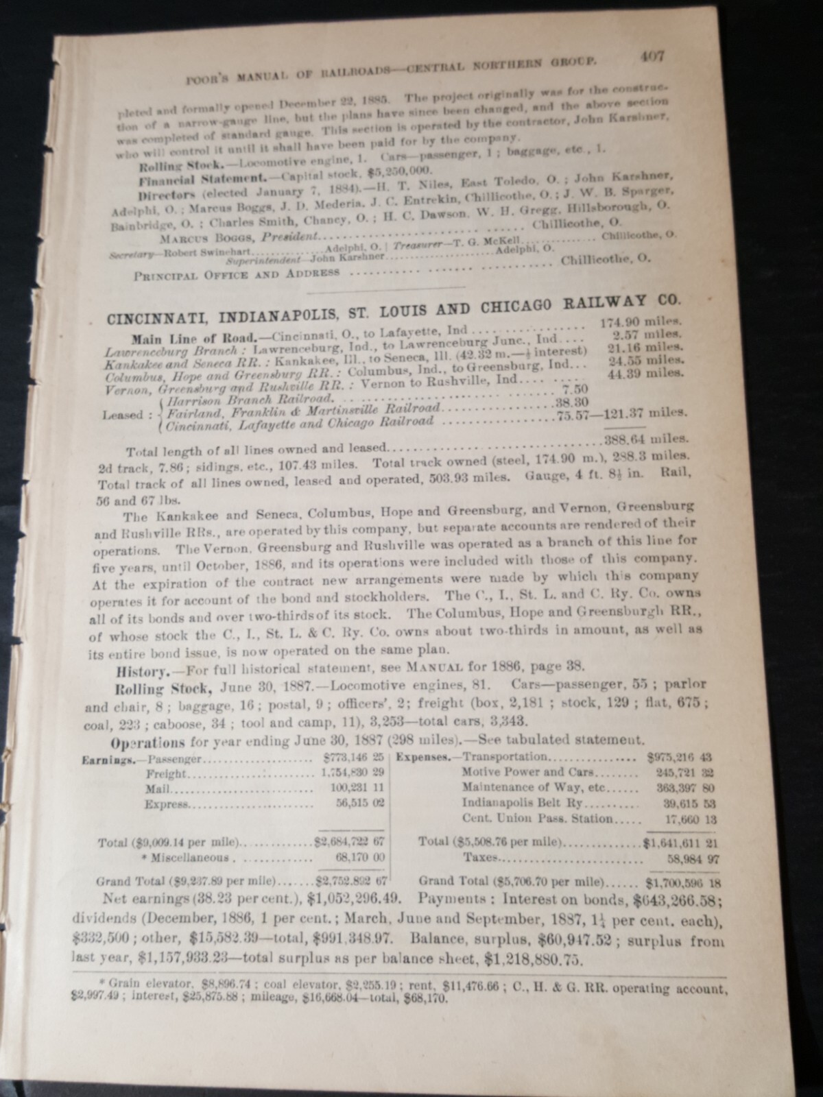 1888 train report CINCINNATI INDIANAPOLIS ST LOUIS & CHICAGO RAILWAY railroad 