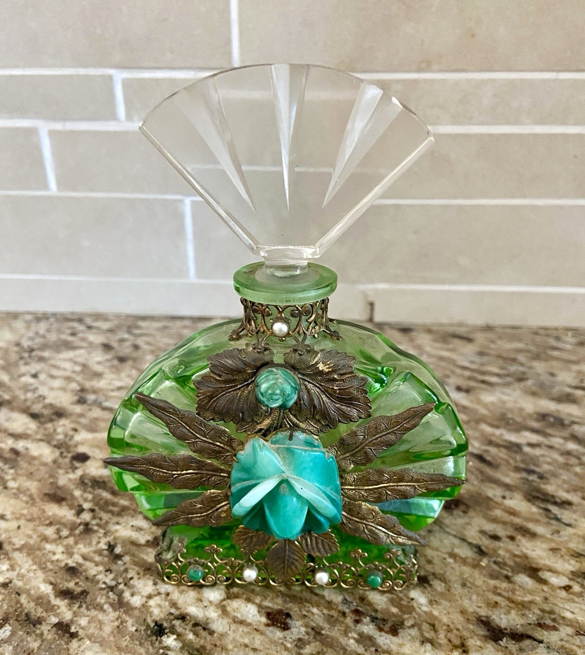 Vintage Czech/Bohemian Art Deco Jeweled and Enameled Perfume Bottle, 1920s Vintage Czech/Bohemian Art Deco Jeweled and Enameled Perfume Bottle, 1920s