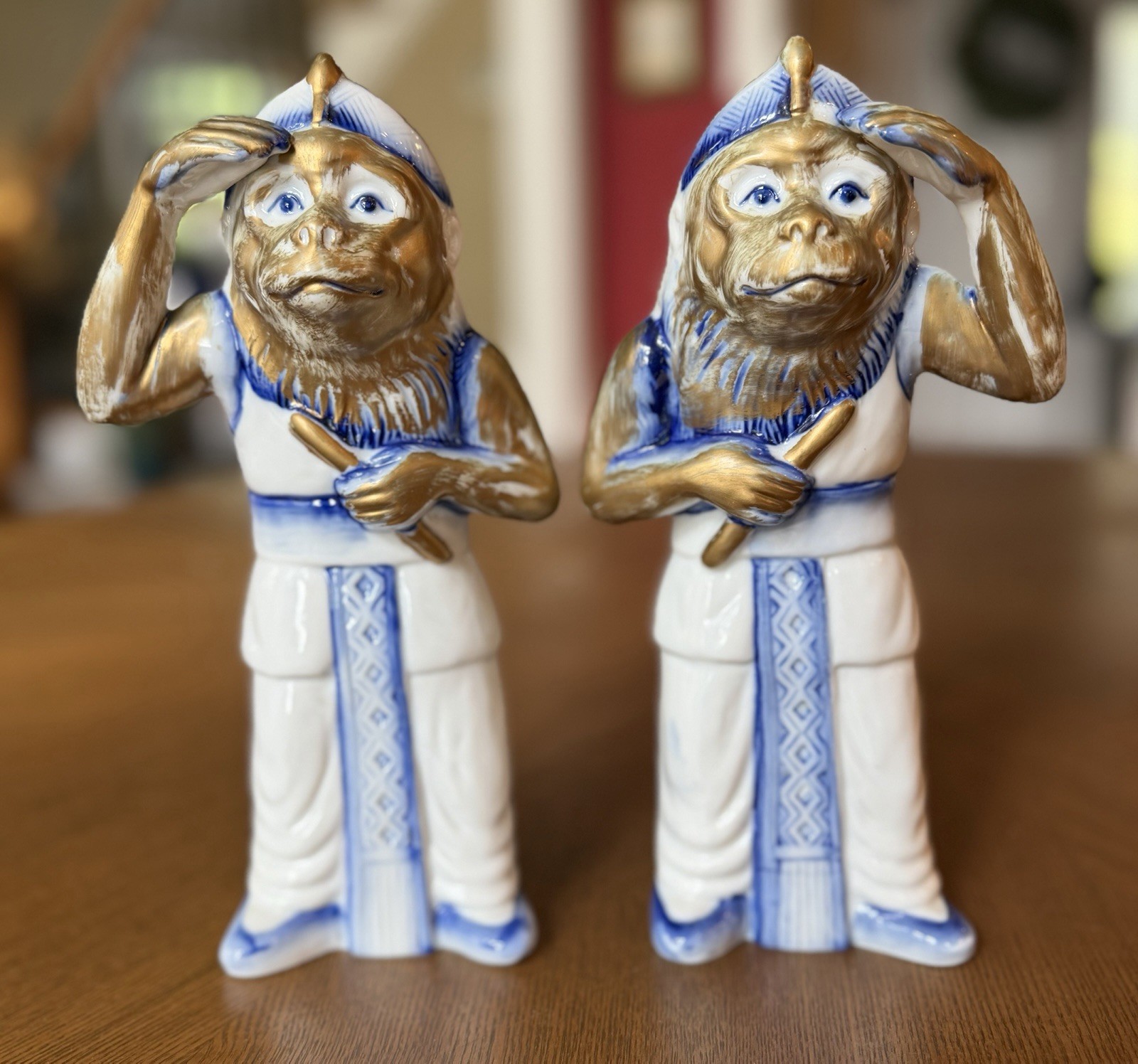 VTG  Japanese Chinoiserie Porcelain Saluting Monkey Sailors Pair 9.5\