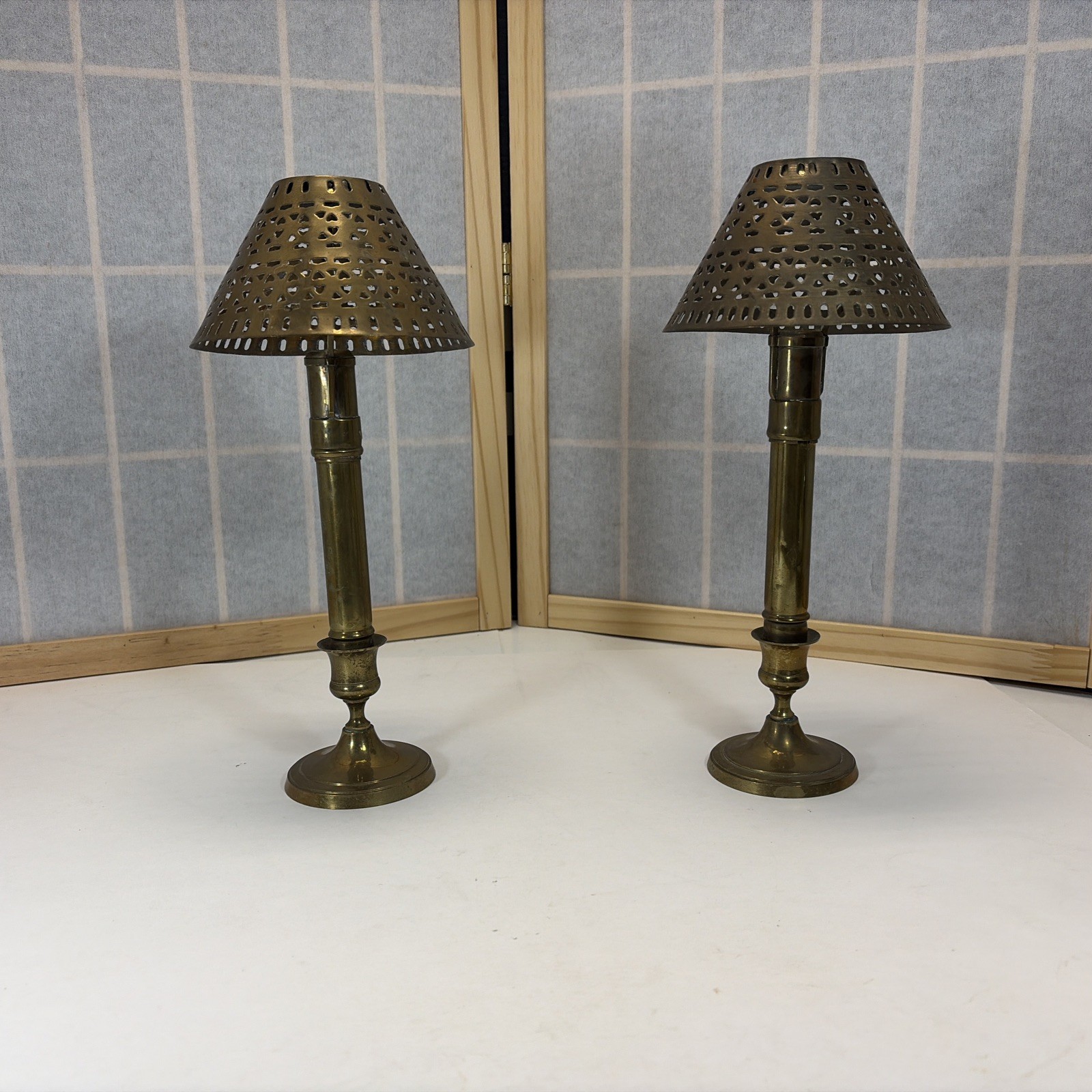 Vintage Pair Spring Loaded Brass Candlestick Holders Palmer Style Matching Shade Vintage Pair Spring Loaded Brass Candlestick Holders Palmer Style Matching Shade