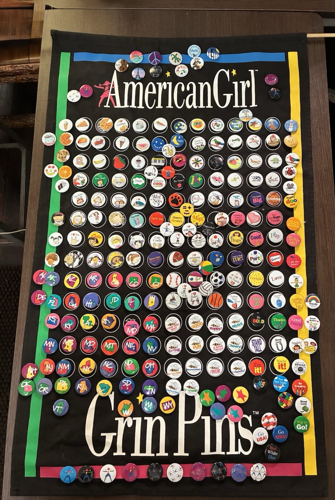 Vintage 90s American Girl Grin Pins banner With Over 230 1” Pins 19.5” X 32 Tall Vintage 90s American Girl Grin Pins banner With Over 230 1” Pins 19.5” X 32 Tall
