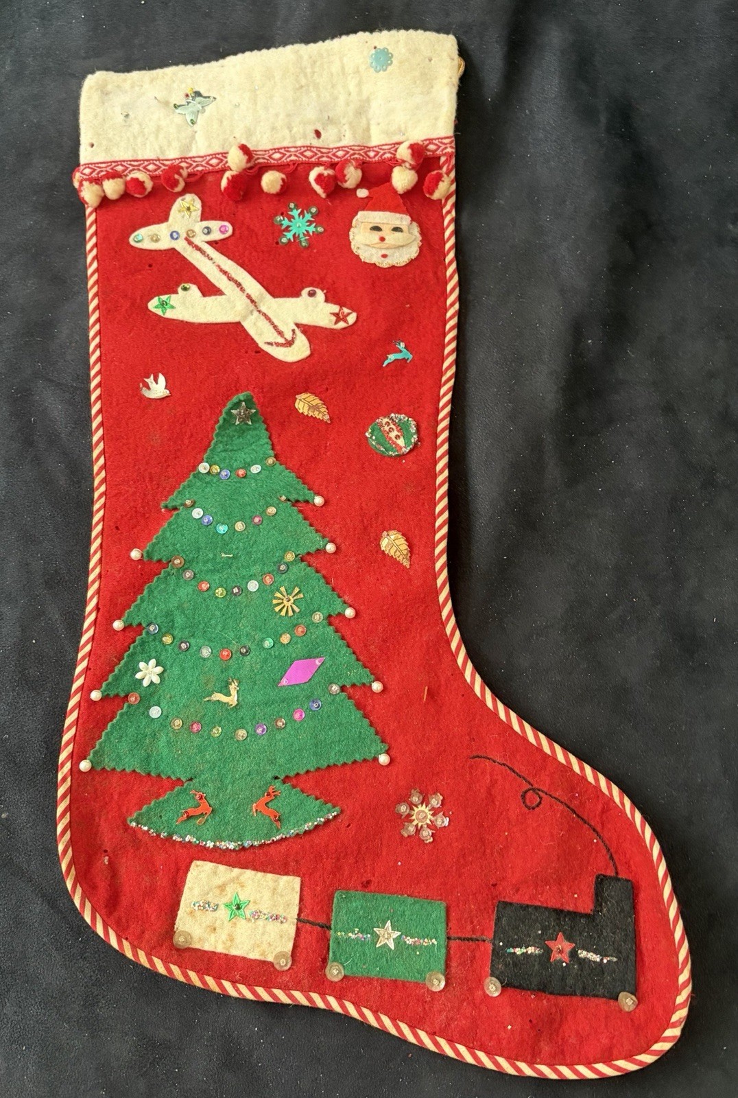 VINTAGE MCM FELT CHRISTMAS STOCKING APPLIQUE SEQUINS & BEADS TRAIN SANTA PLANE