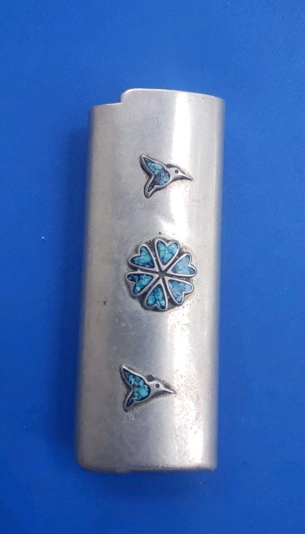 Vintage Silver Tone Lighter Cover Holder with Birds / Flower Turquoise Inlay Vintage Silver Tone Lighter Cover Holder with Birds / Flower Turquoise Inlay