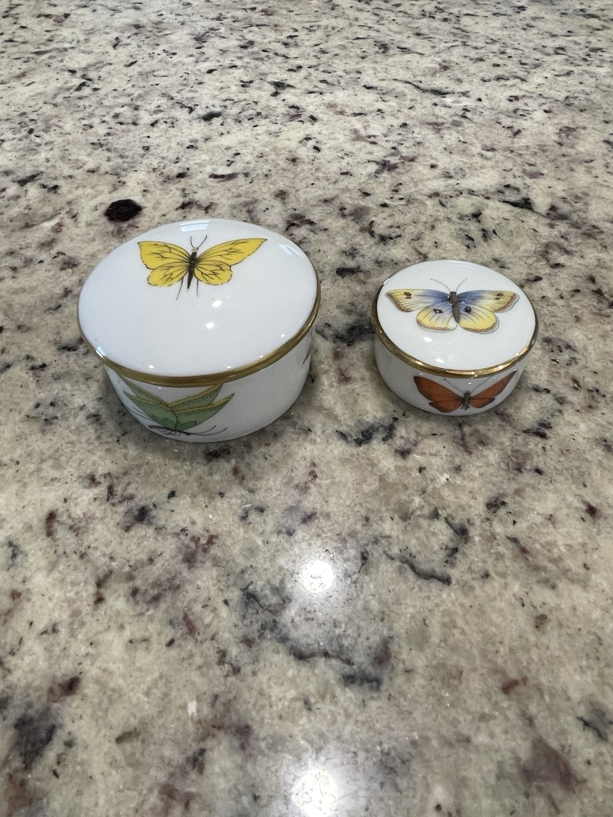 Two Antique Limoges France Round Butterfly Trinket Boxes Two Antique Limoges France Round Butterfly Trinket Boxes