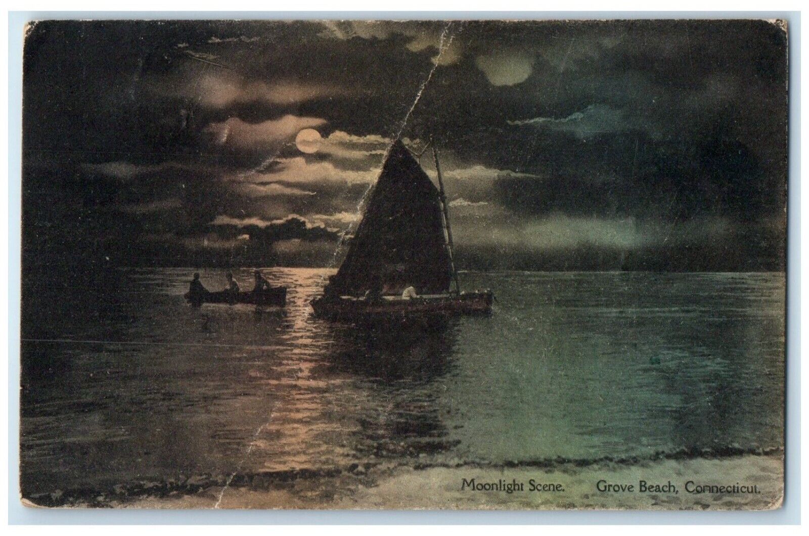 1917 Moonlight Scene Sailboat Grove Beach Connecticut CT Antique Postcard