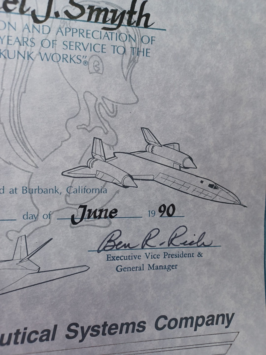 1990 Lockheed Retirement Certificate Samuel J Smyth Signed by Ben Rich JRR29 1990 Lockheed Retirement Certificate Samuel J Smyth Signed by Ben Rich JRR29