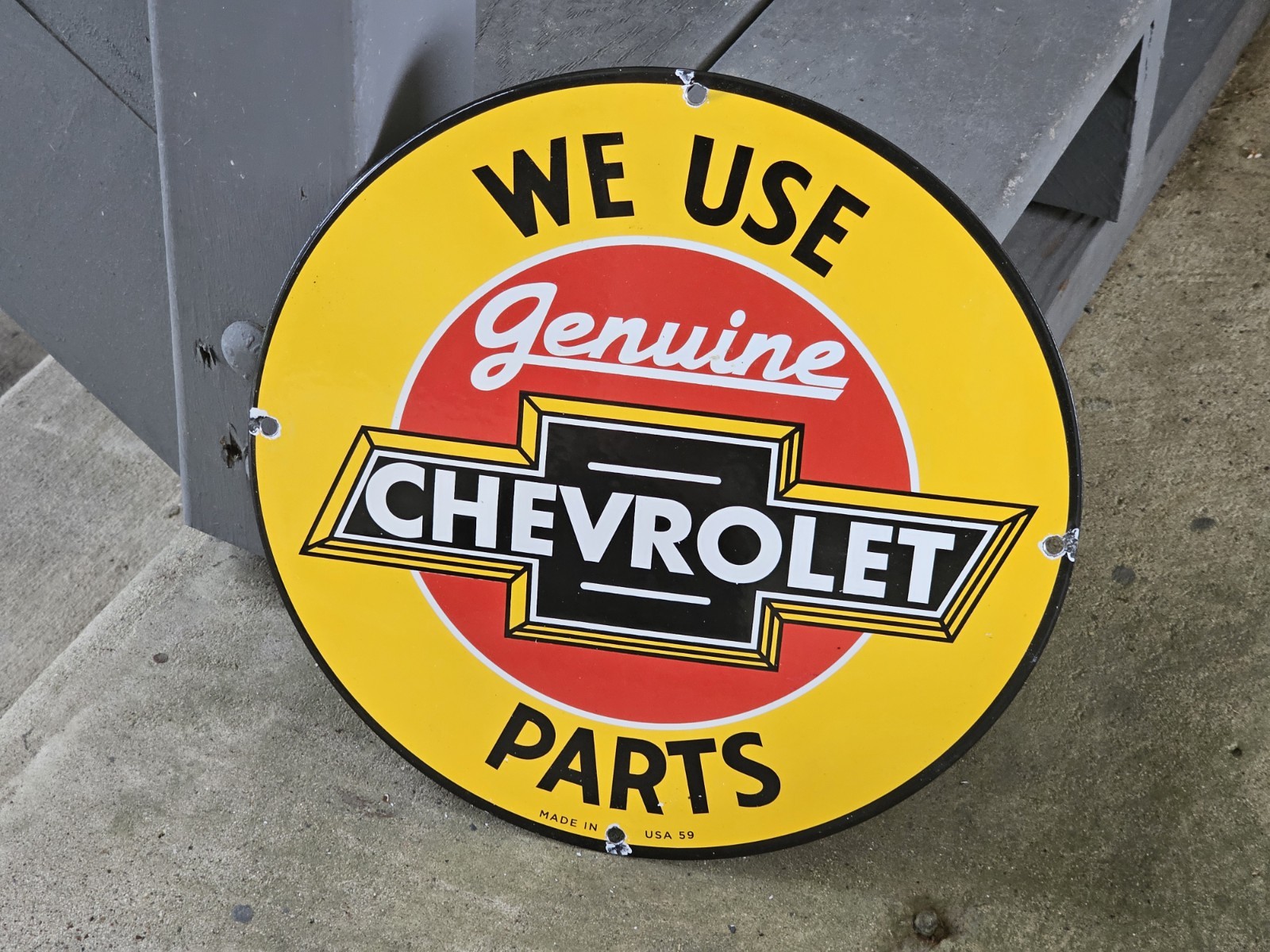 VINTAGE WE USE GENUINE CHEVROLET PARTS PORCELAIN SIGN 12 VINTAGE WE USE GENUINE CHEVROLET PARTS PORCELAIN SIGN 12