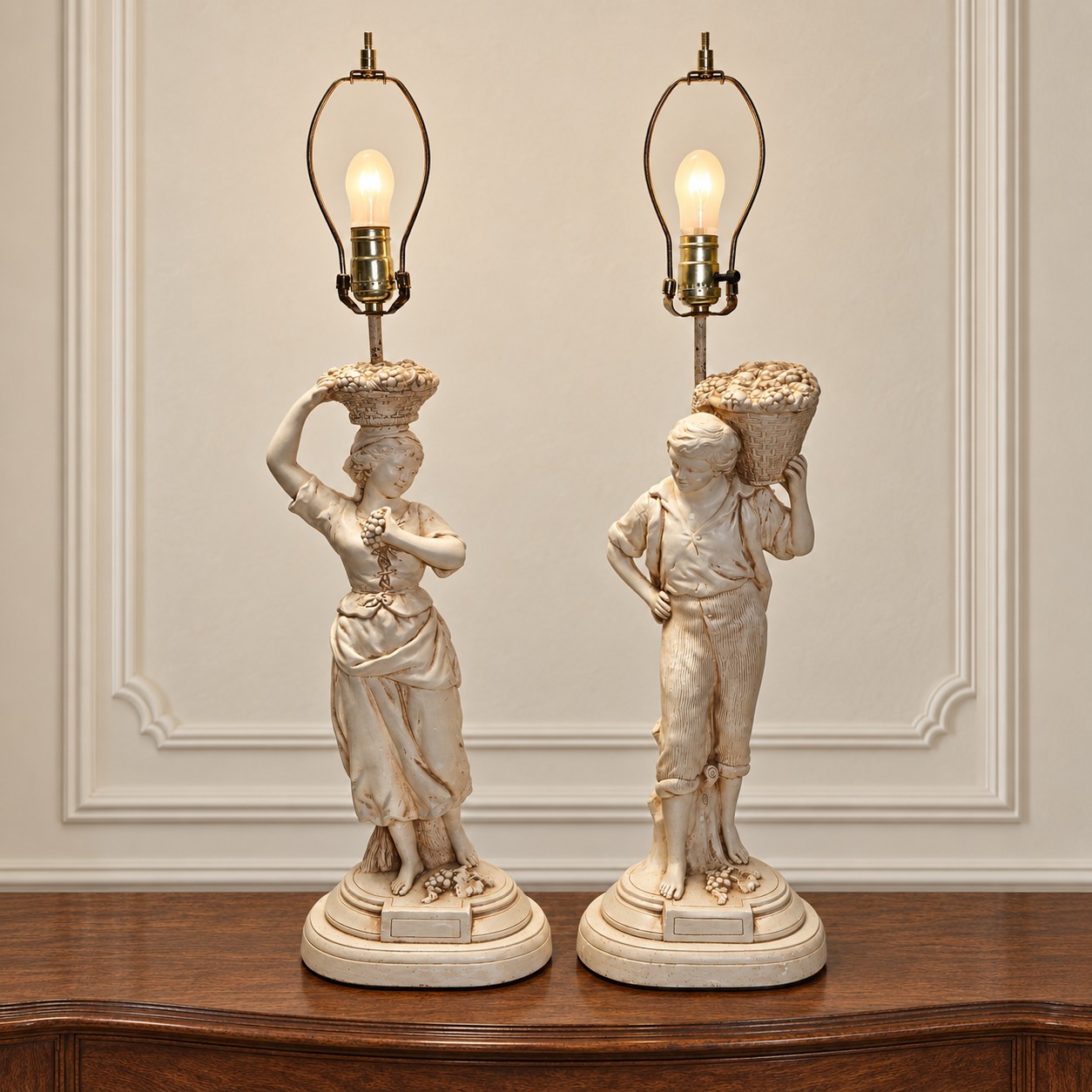 1957 French Provincial Style Quartite Grape Harvest Table Lamps Pair Chalkware. 