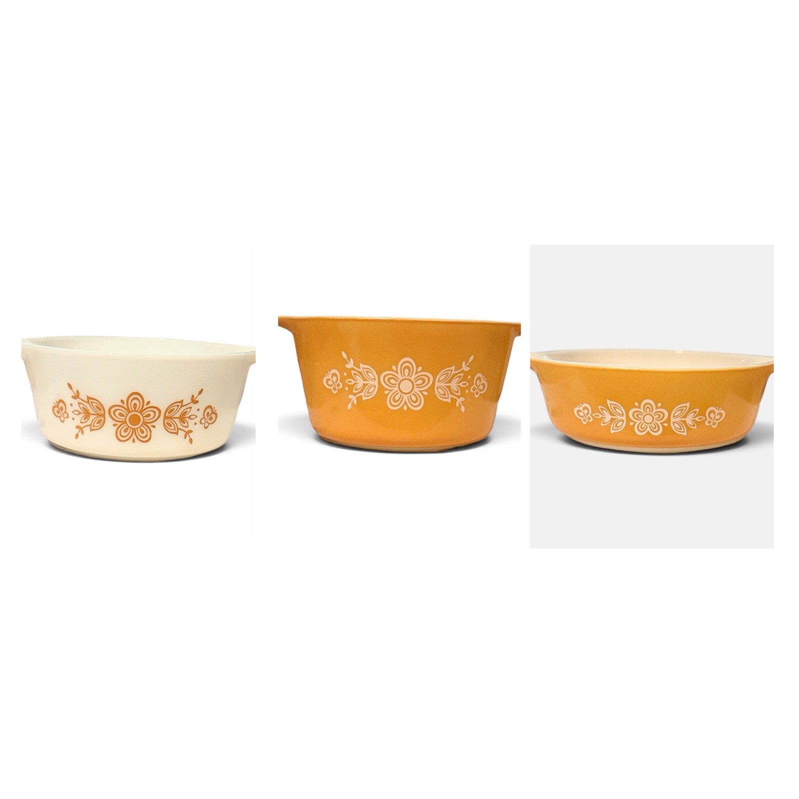 Vintage Pyrex Butterfly Gold Casserole Dish Set of 3 471 472 473 Orange Ivory