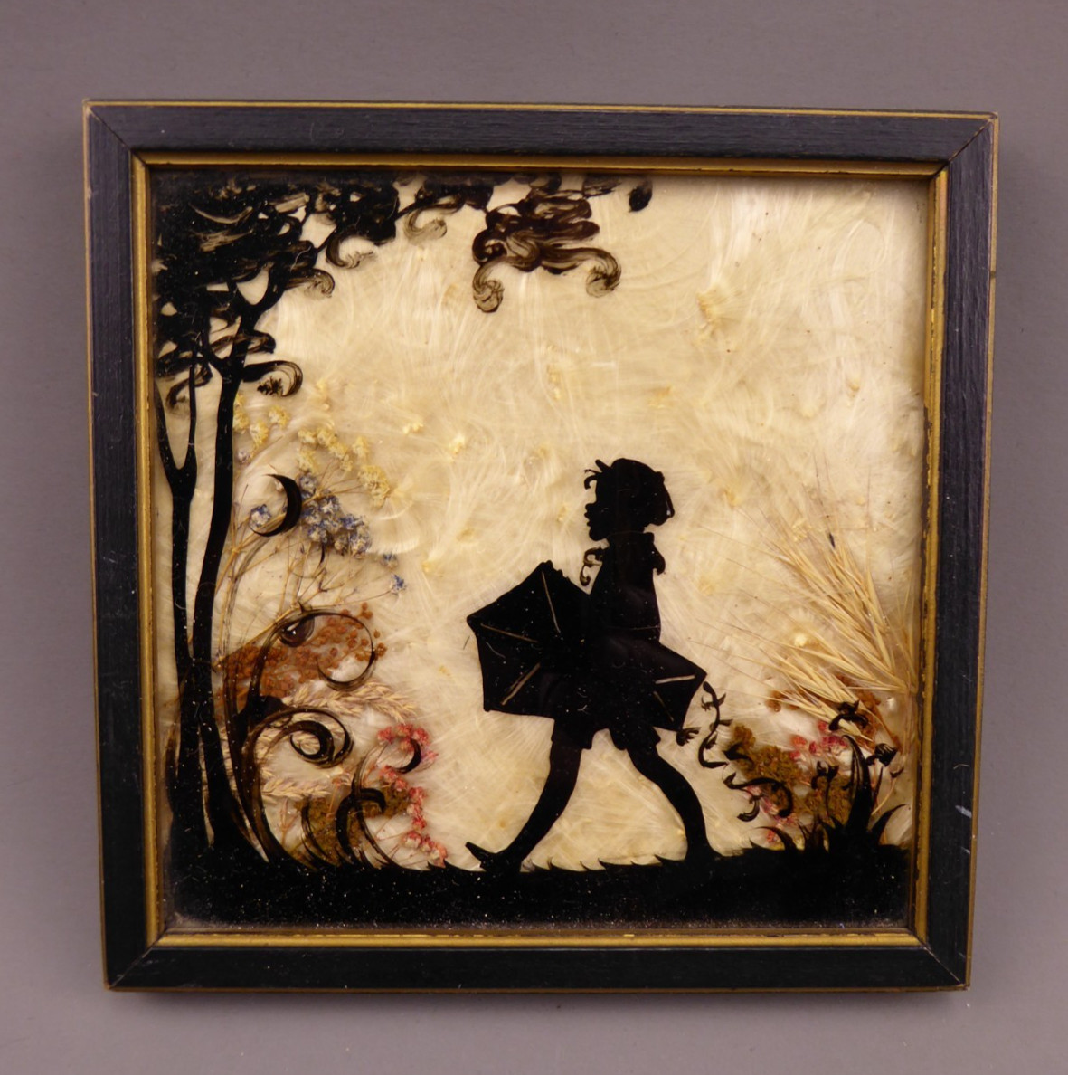 Vintage 1930's Reverse Painted Silhouette Boy with Kite, Milkweed Vintage 1930's Reverse Painted Silhouette Boy with Kite, Milkweed