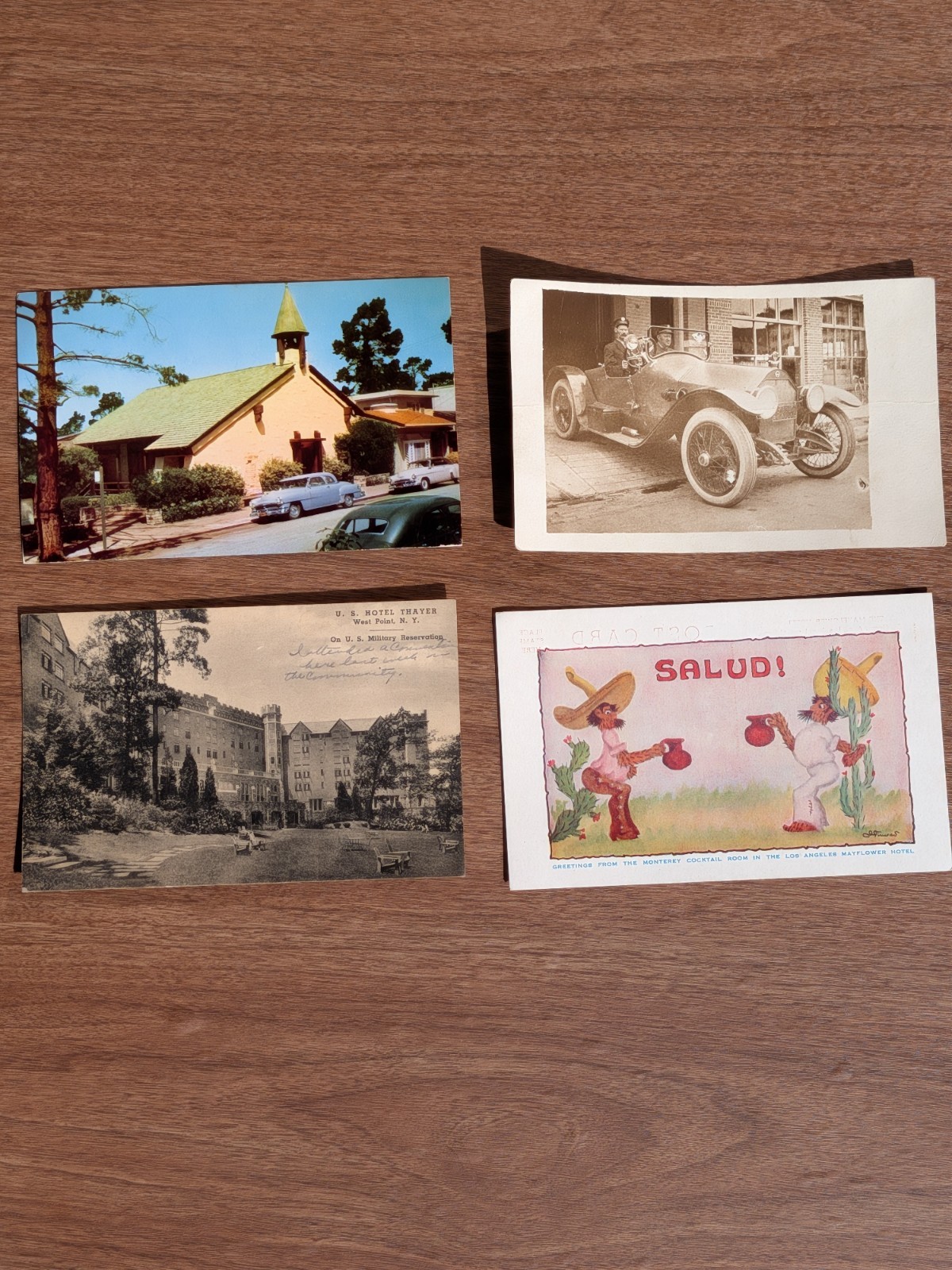 4 Vintage Postcards West Point Hotel Thayer Carmel Mayflower LA Antique Car
