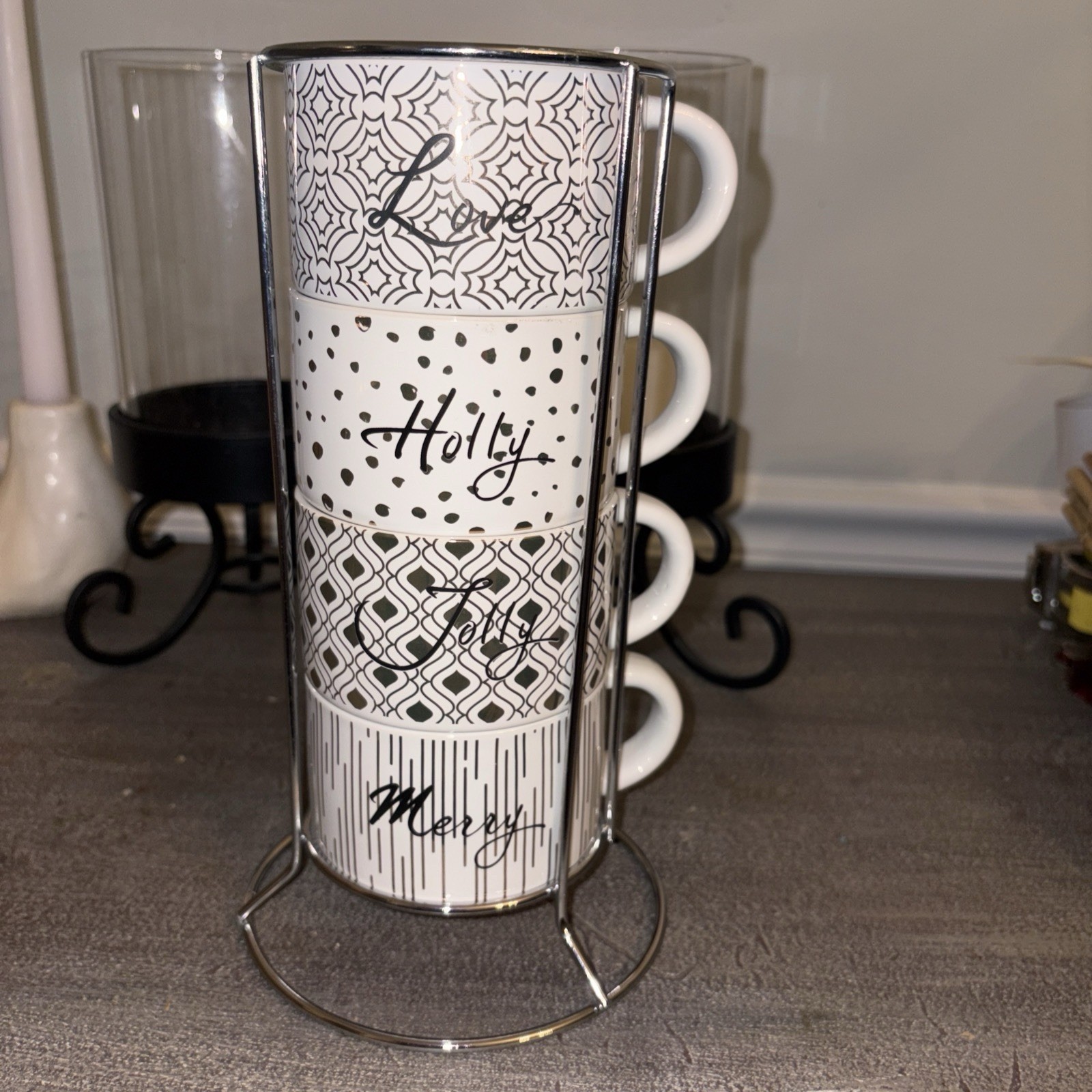 Mainstays Stacking Coffee/Tea Cup Set w Holder Merry, Holly, Jolly & Love 9” Mainstays Stacking Coffee/Tea Cup Set w Holder Merry, Holly, Jolly & Love 9”