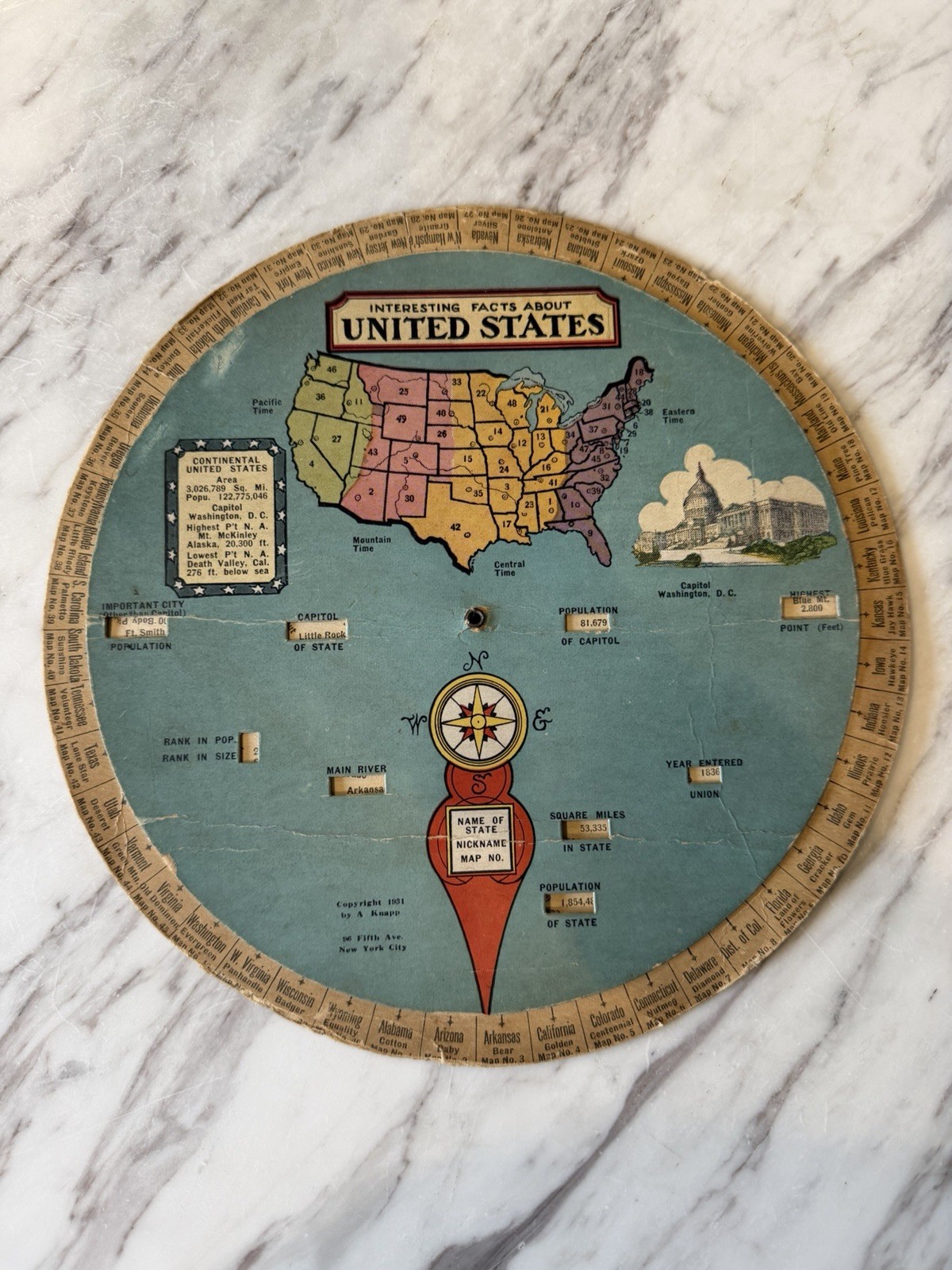 Vtg “Interesting facts about US & Europe” 1931 Spinning Circular Map Paper 10”