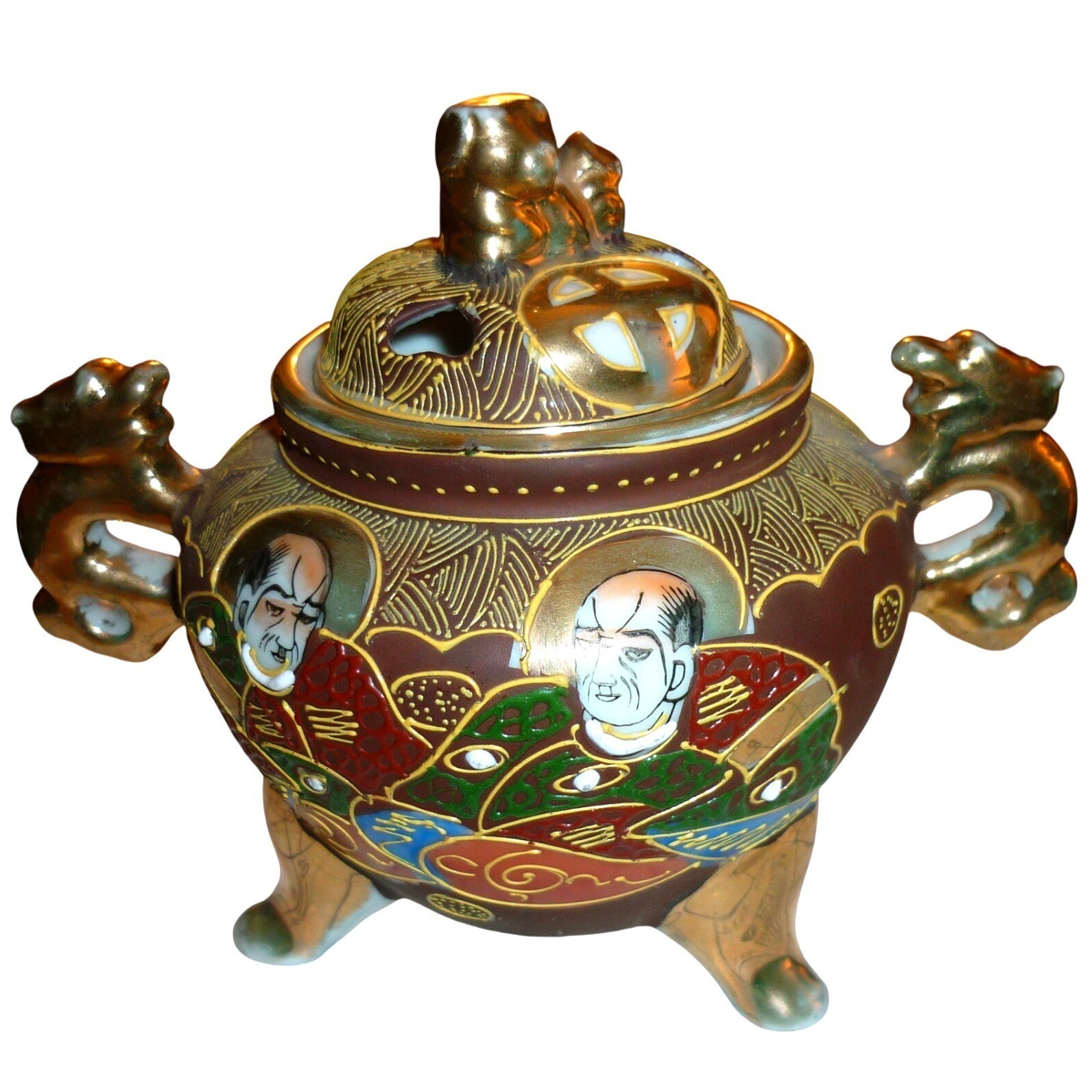 Vintage Japanese Satsuma Moriage Incense Burner Koro Tripod Immortals Dragon Vintage Japanese Satsuma Moriage Incense Burner Koro Tripod Immortals Dragon
