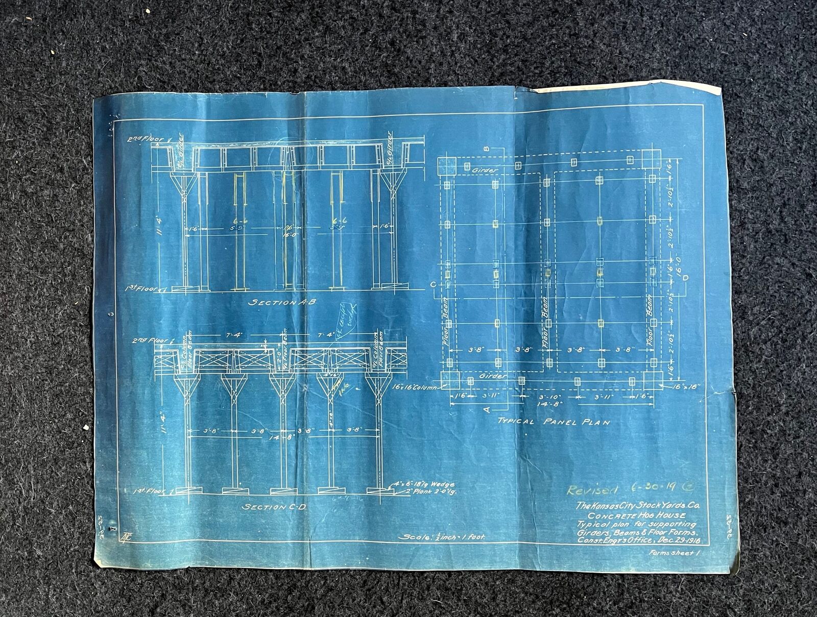1916 Kansas City Stockyard Hog House Blueprints, Vintage KC Wall Decor, Enginee