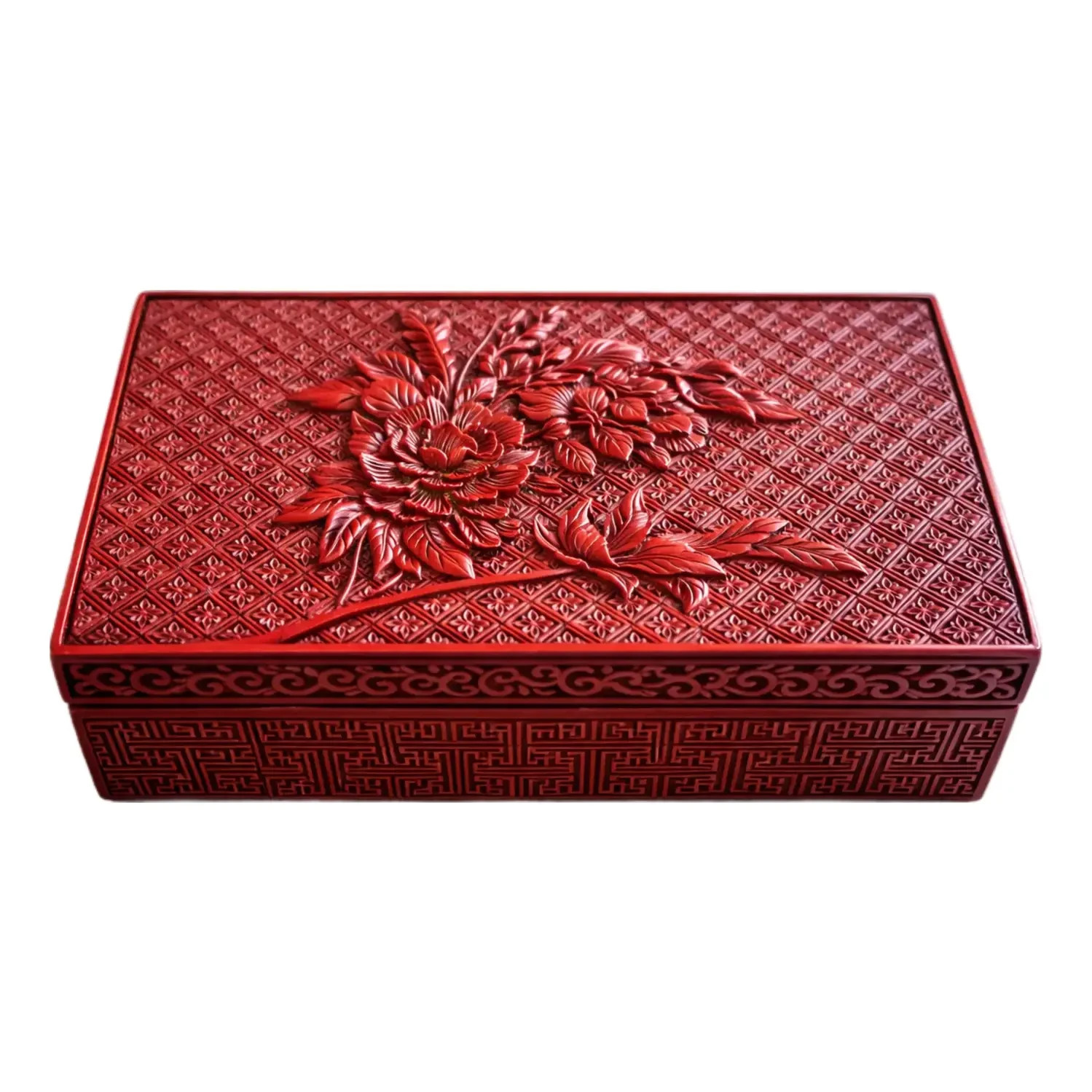 Vintage Chinese Carved Cinnabar Lacquer Box With Peony Motif Vintage Chinese Carved Cinnabar Lacquer Box With Peony Motif