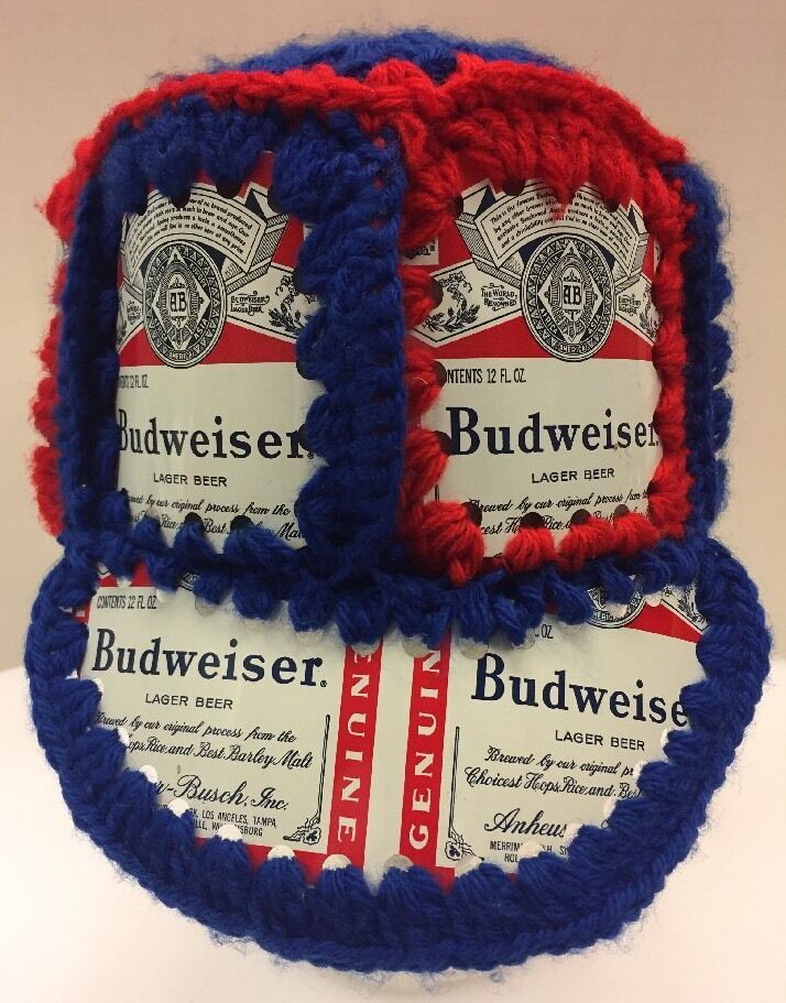 Chicago Cubs Budweiser Beer Aluminum Can Hat Crotchet Hand Knit Knitted Blue Red
