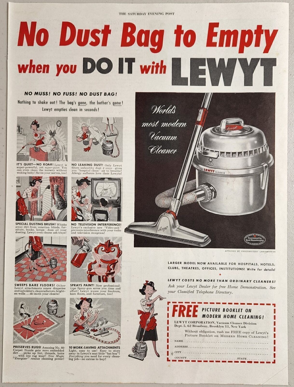 1950 Print Ad Lewyt Modern Vacuum Cleaners Made in Brooklyn,New York 1950 Print Ad Lewyt Modern Vacuum Cleaners Made in Brooklyn,New York