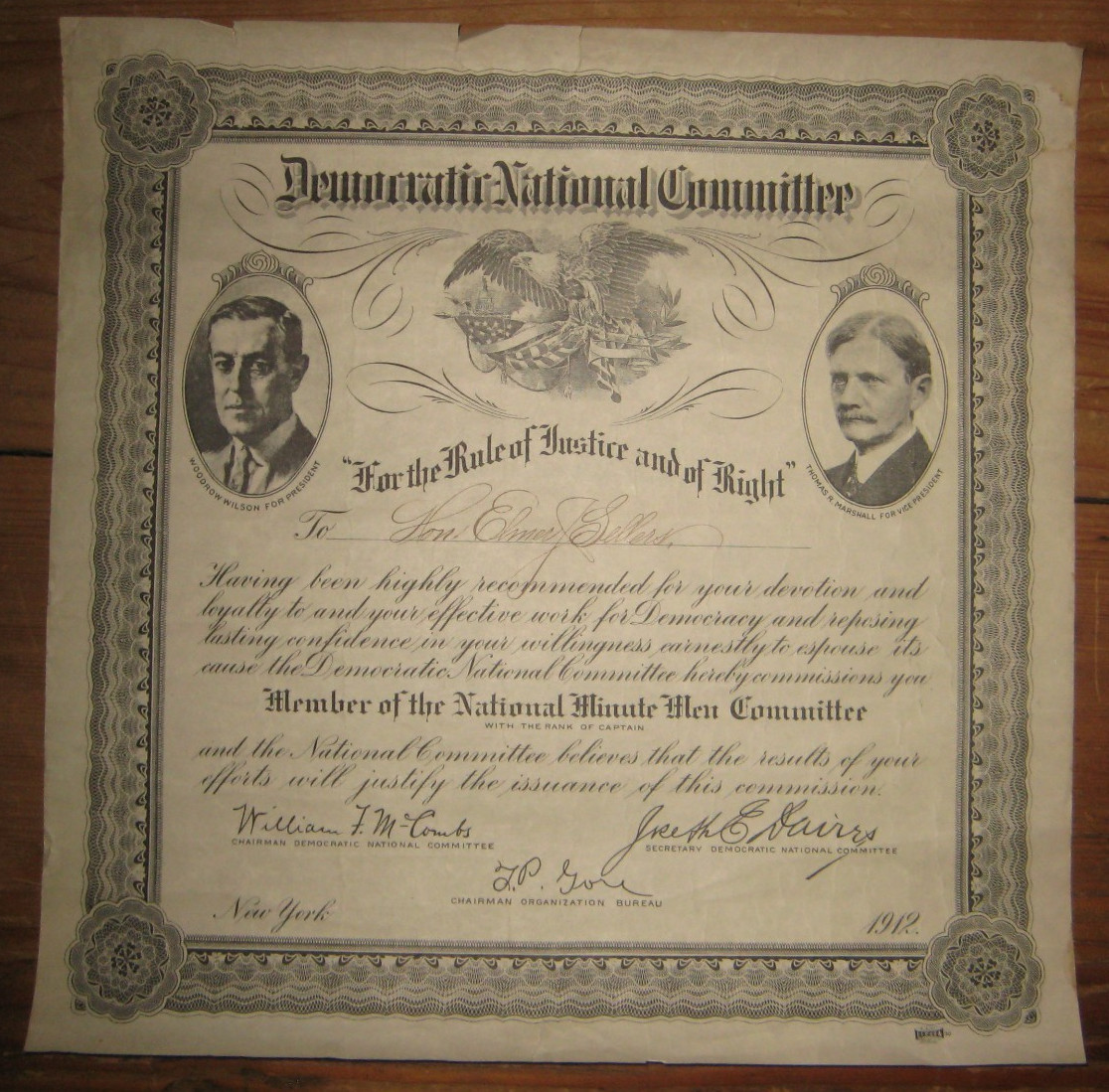 1912, Democratic National Committee, Commission, National Minute Men Captain 1912, Democratic National Committee, Commission, National Minute Men Captain