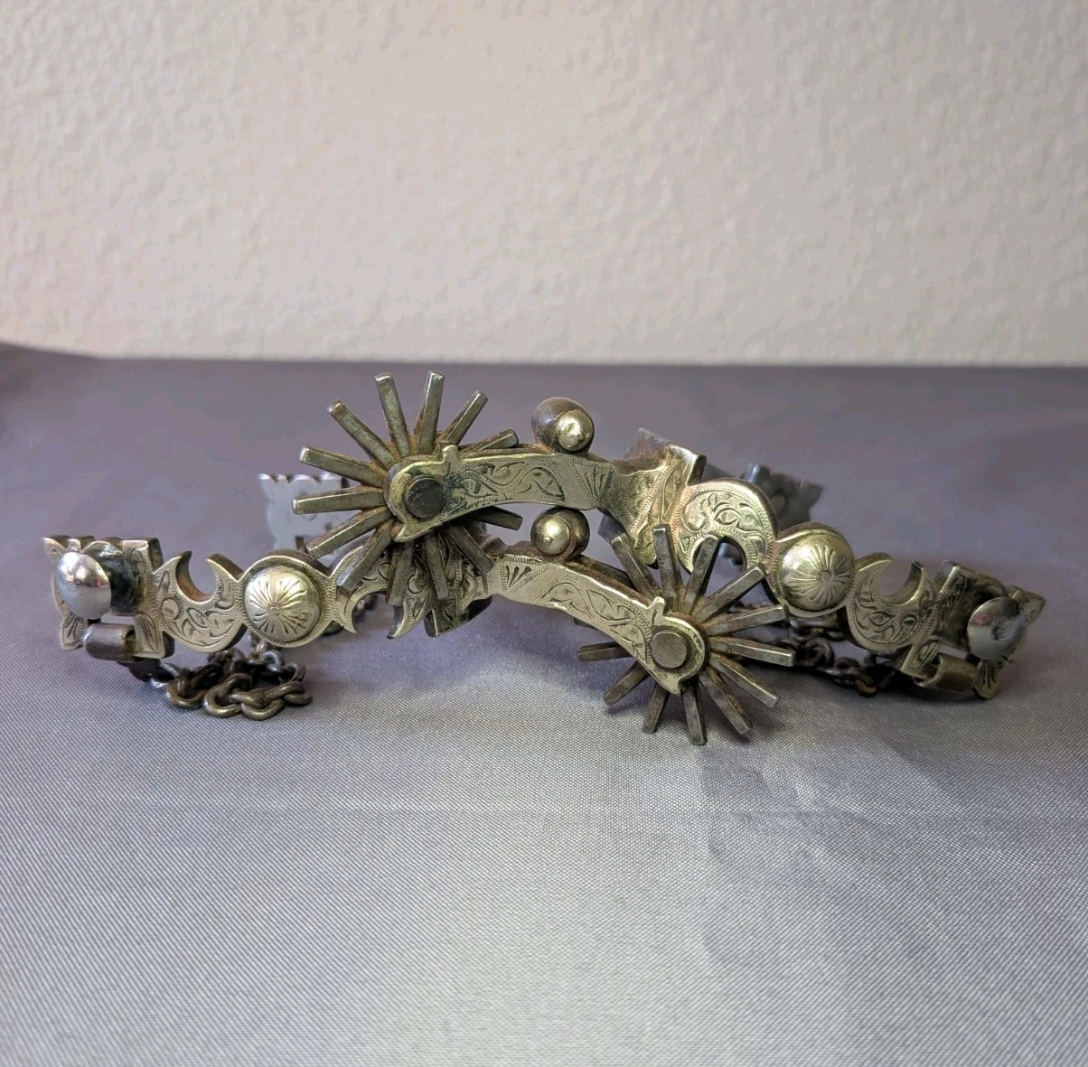 Vintage Antique Buermann Crescent Moon Spurs Silver Inlay Steel Western Spurs