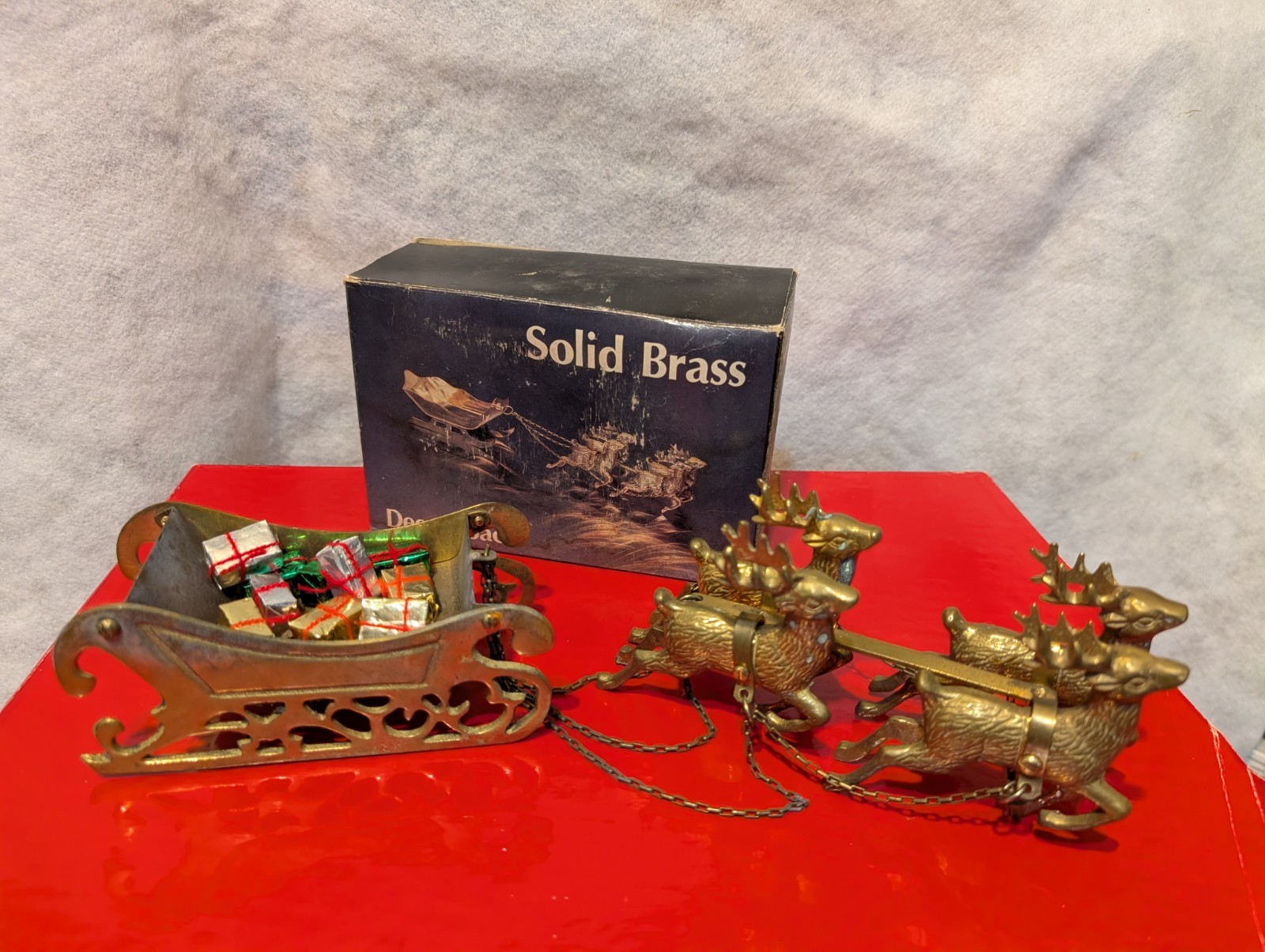 VTG Lg Brass Reindeer Flying Sleigh With Christmas Gifts Centerpiece 12\ VTG Lg Brass Reindeer Flying Sleigh With Christmas Gifts Centerpiece 12\