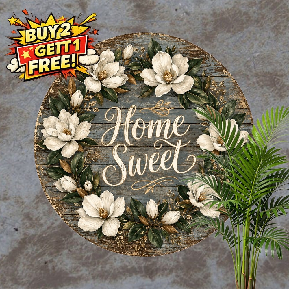 Farmhouse Sweet Magnolia Wreath Magnetic Round Metal Sign Decor 8x8