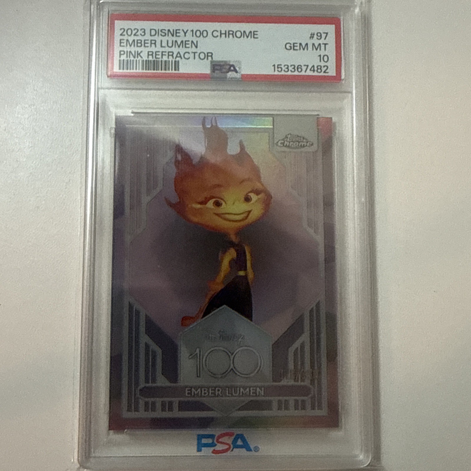 2023 Topps Chrome Disney 100 Ember Lumen Pink Refractor PSA 10