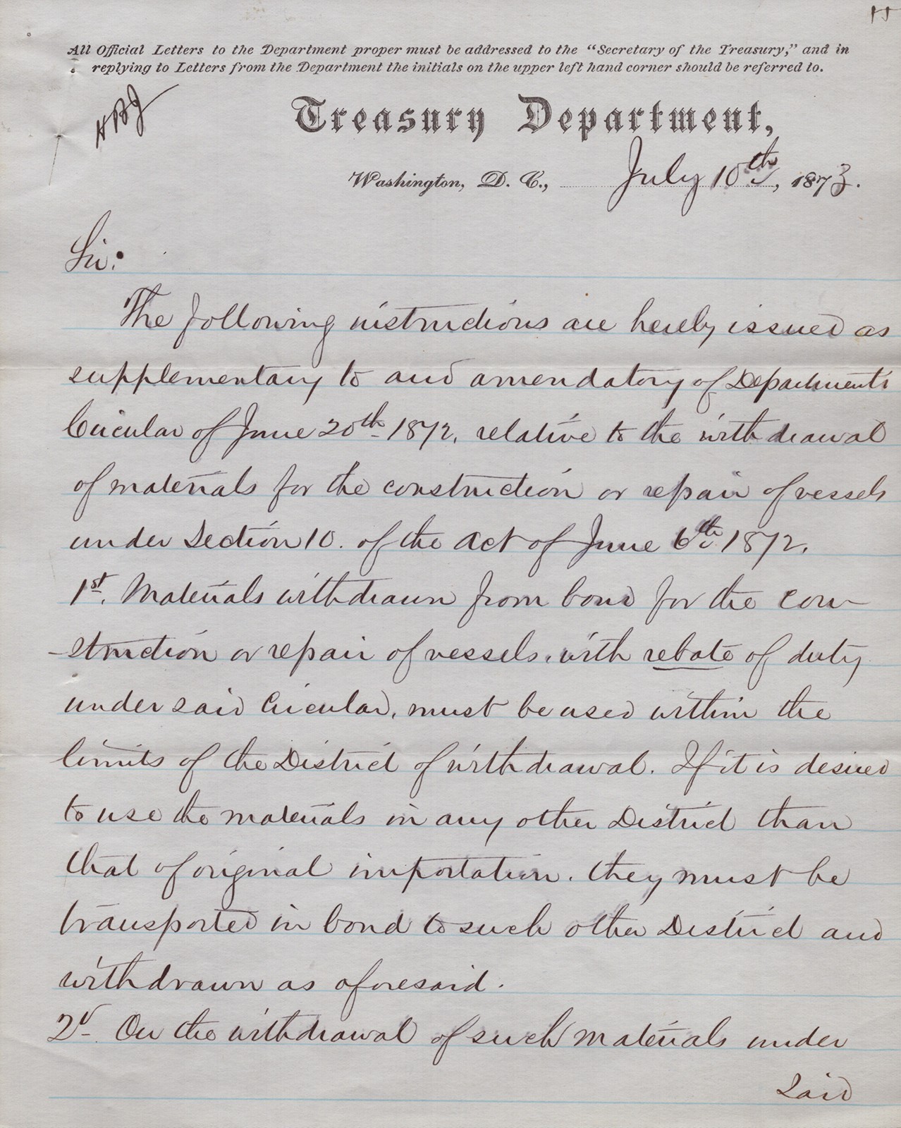 WILLIAM A. RICHARDSON - MANUSCRIPT DOCUMENT SIGNED 07/10/1873