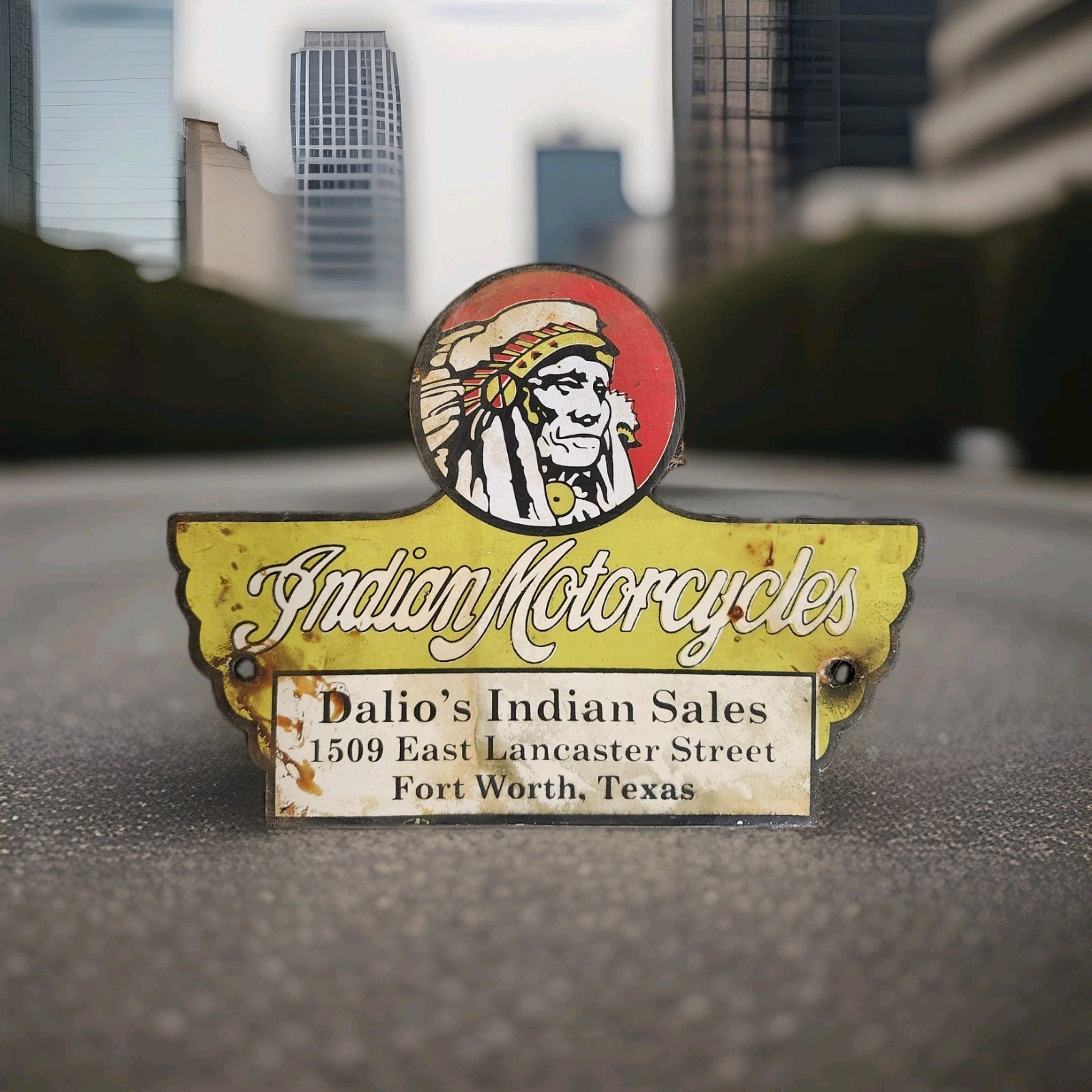 Vintage Indian Motorcycles Porcelain Sign Dalio's Sales Service Fort Worth Texas Vintage Indian Motorcycles Porcelain Sign Dalio's Sales Service Fort Worth Texas