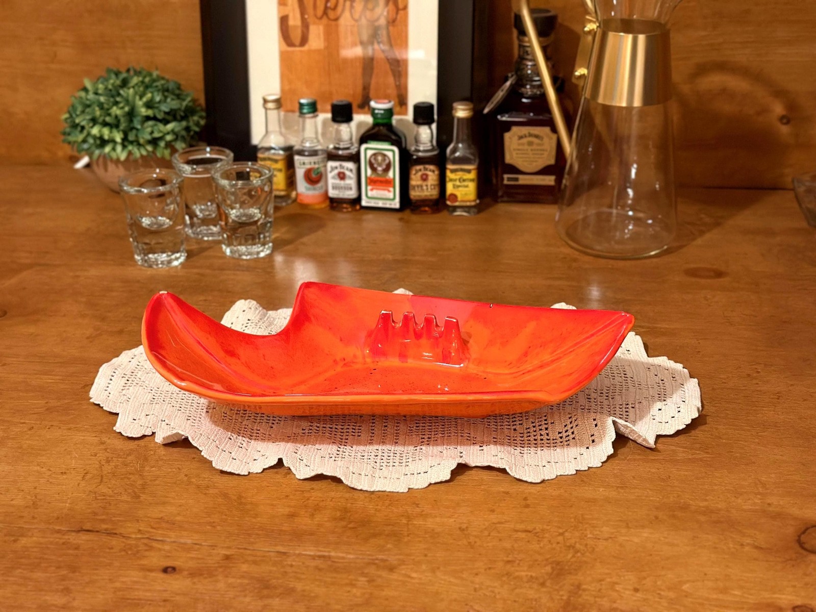 Vintage MCM Large Atomic Orange Ceramic Table Ashtray 1950s-1970s