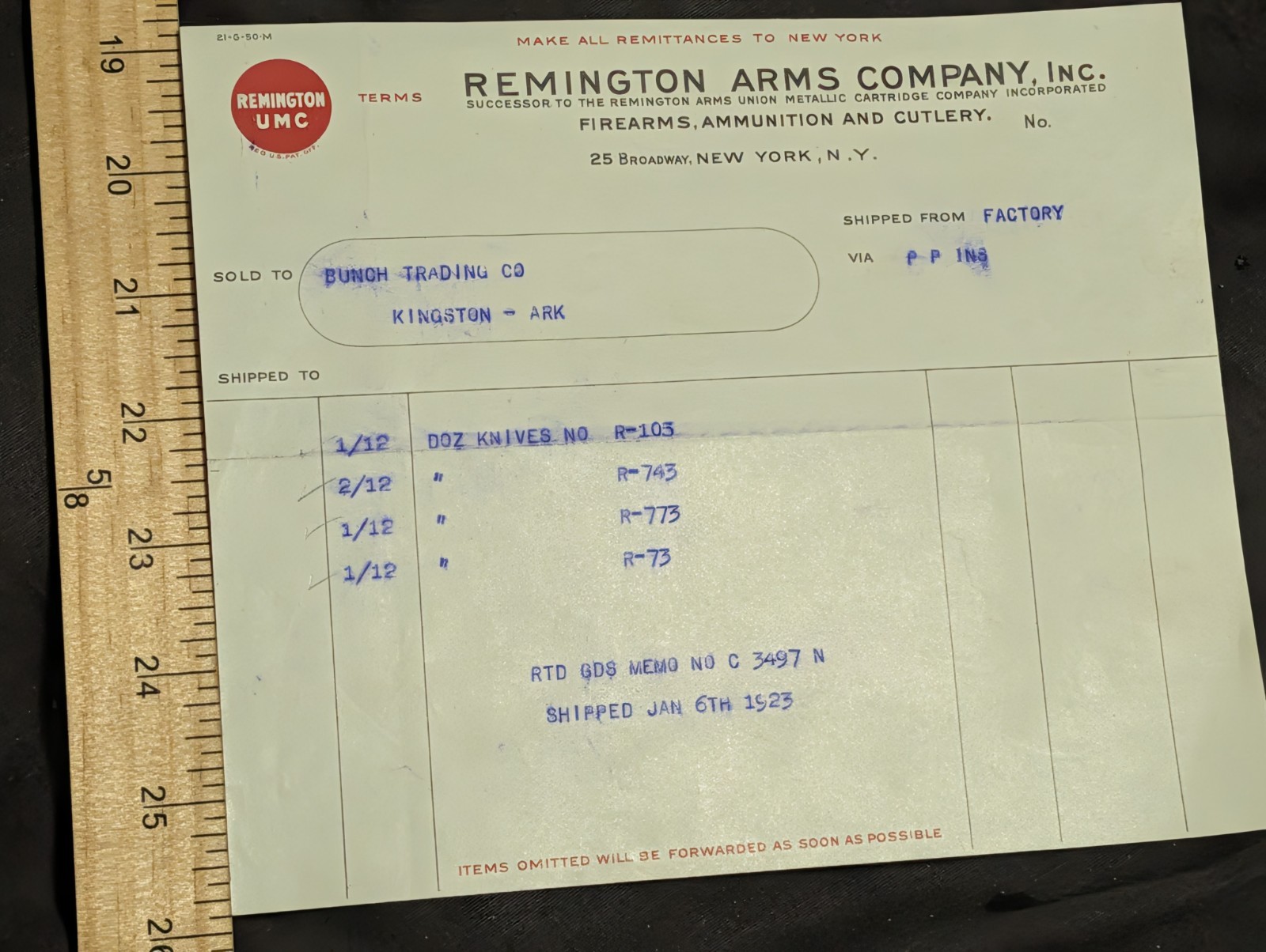 1923 REMINGTON ARMS COMPANY billhead Kingston Arkansas 