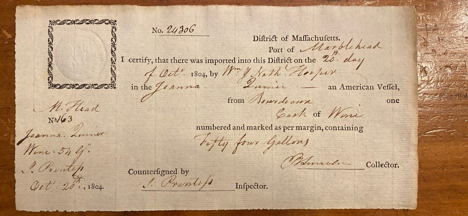 Import Certificate 1804 Marblehead Autograph Benjamin Lincoln Washington's Aide Import Certificate 1804 Marblehead Autograph Benjamin Lincoln Washington's Aide
