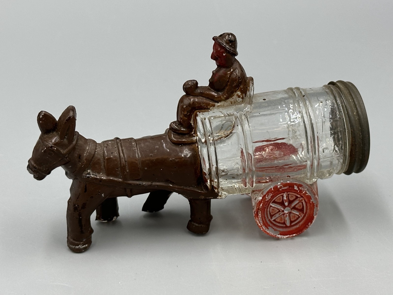 1920s Glass Mule & Driver Barrel Wagon Candy Container Victory Jeannette Antique