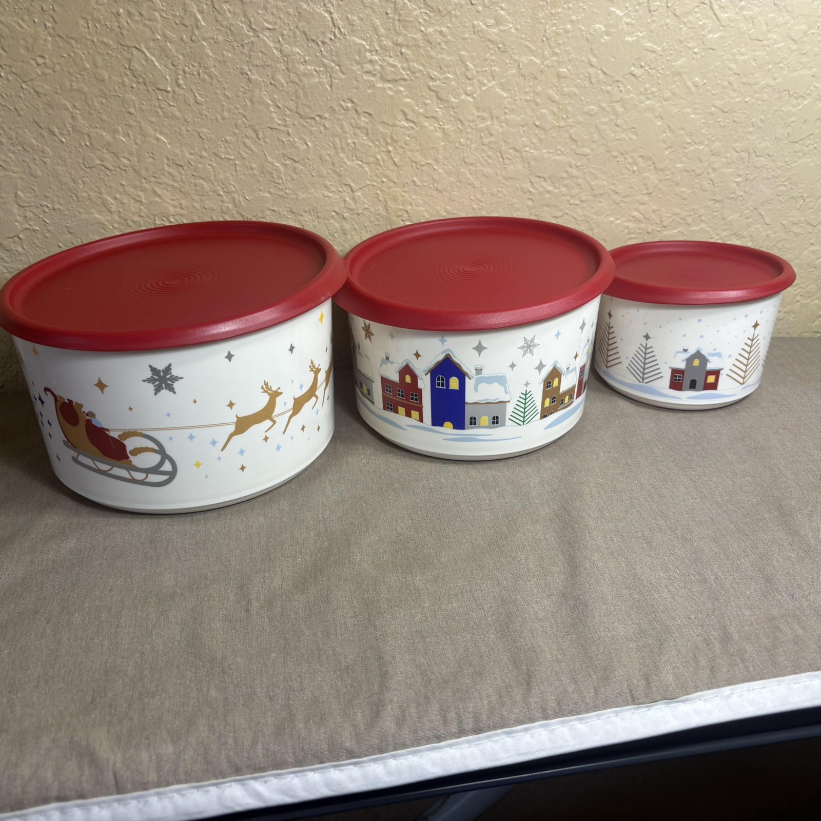 NEW Tupperware Holiday Christmas Tree Reindeer Sleigh Canisters Set of 3 NEW Tupperware Holiday Christmas Tree Reindeer Sleigh Canisters Set of 3