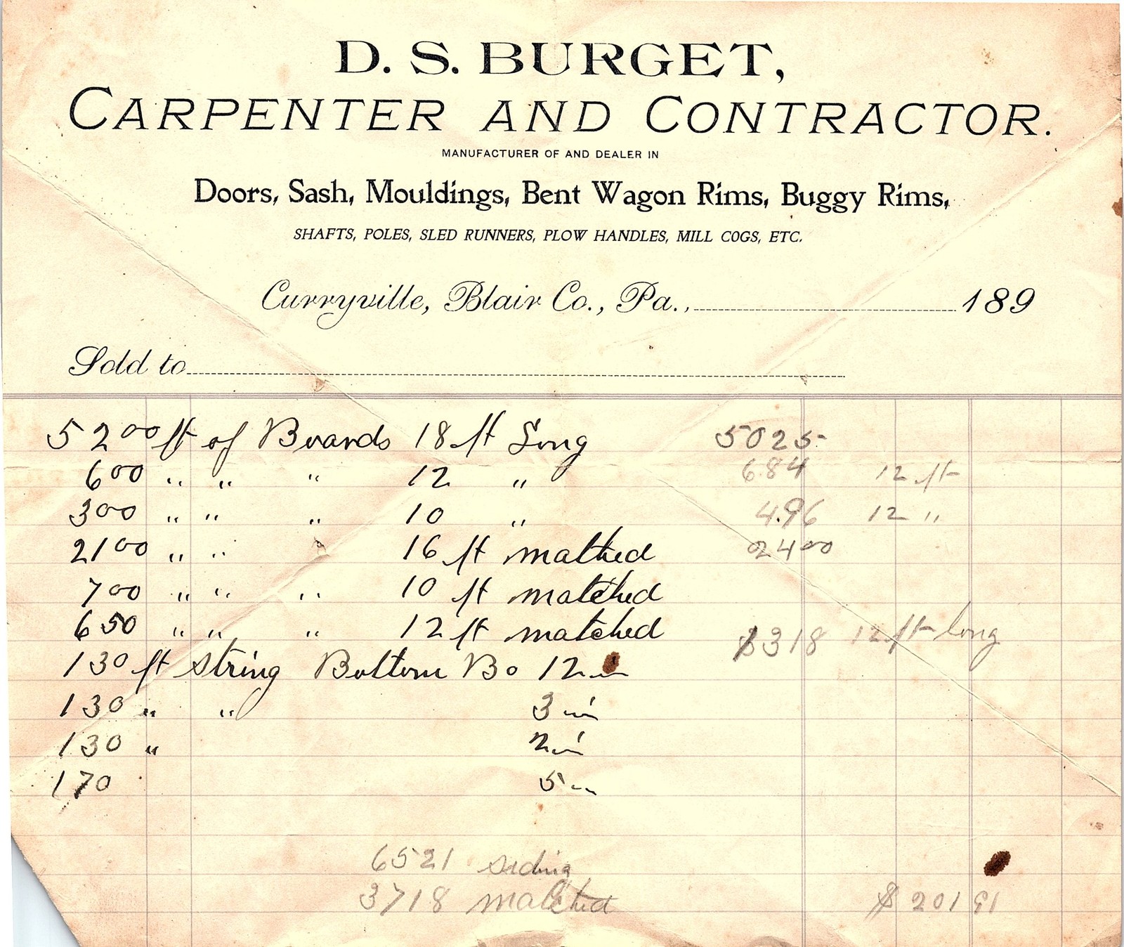 Vintage D. S. Burget Carpenter & Contractor billhead, 189x Vintage D. S. Burget Carpenter & Contractor billhead, 189x