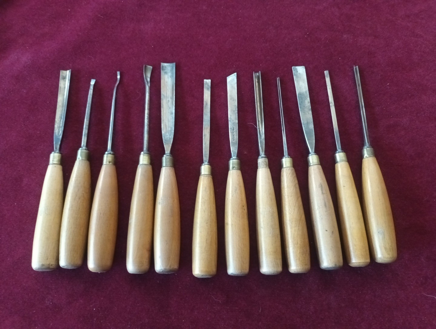 Vintage M &  C of  London twelve Cast Steel Carving Chisels with  Beech Handles